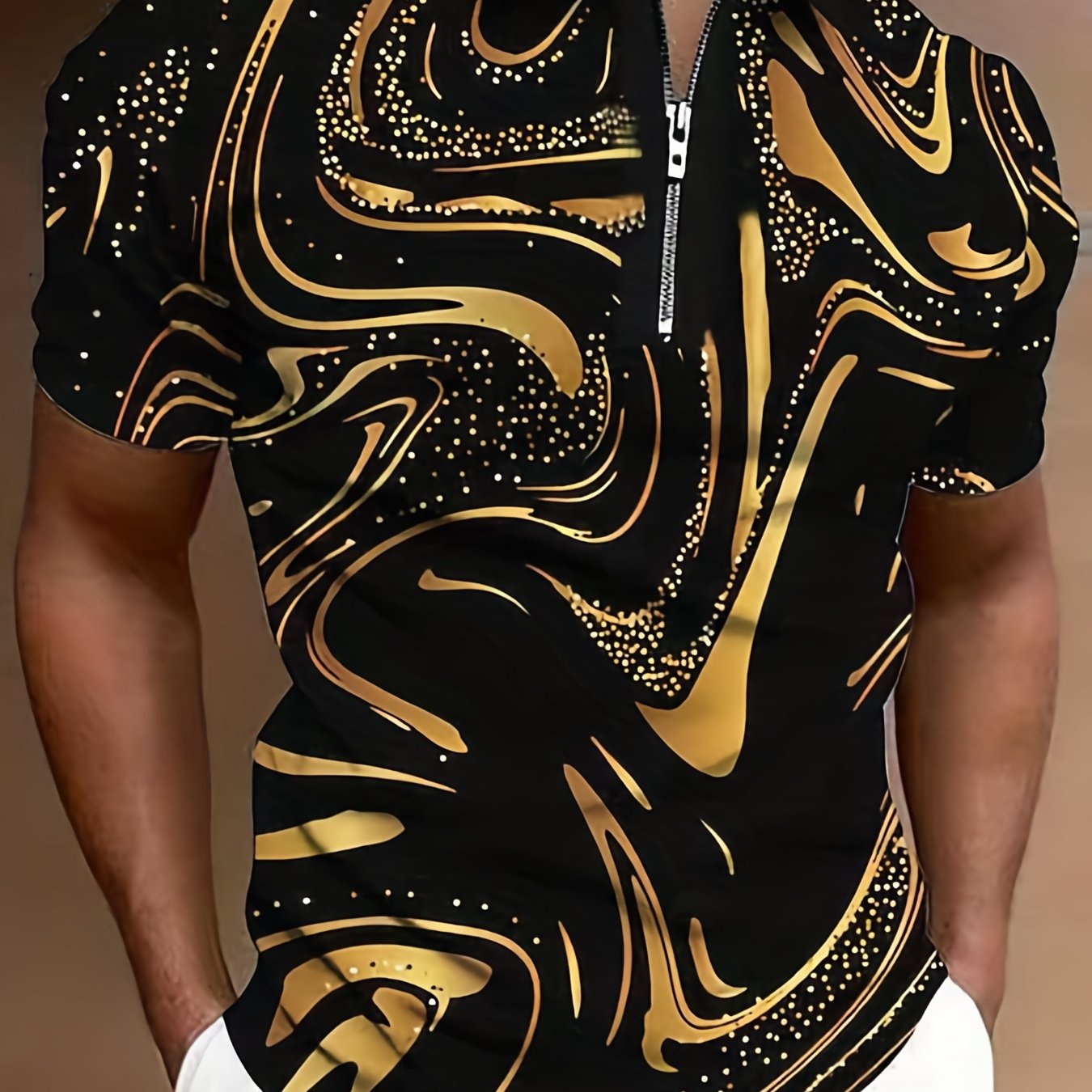 Gradient Lapel 3D Print Casual Slightly Stretch Zipper Short Sleeve Polo Shirt, Men's Polo For Summer