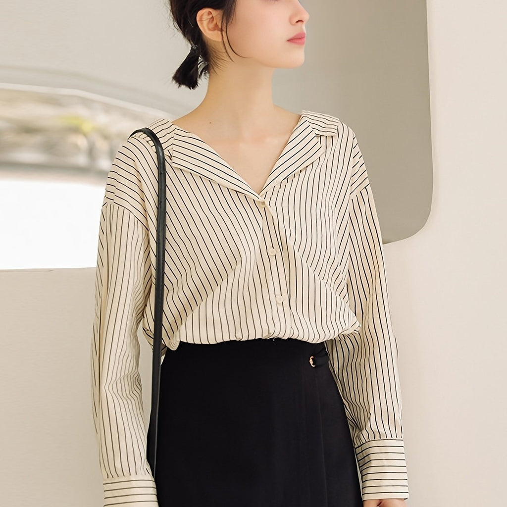 gbolsos  Striped V-neck Loose Blouses, Casual Lace Up Back Button Down Long Sleeve Fashion Shirts Tops, Women's Clothing