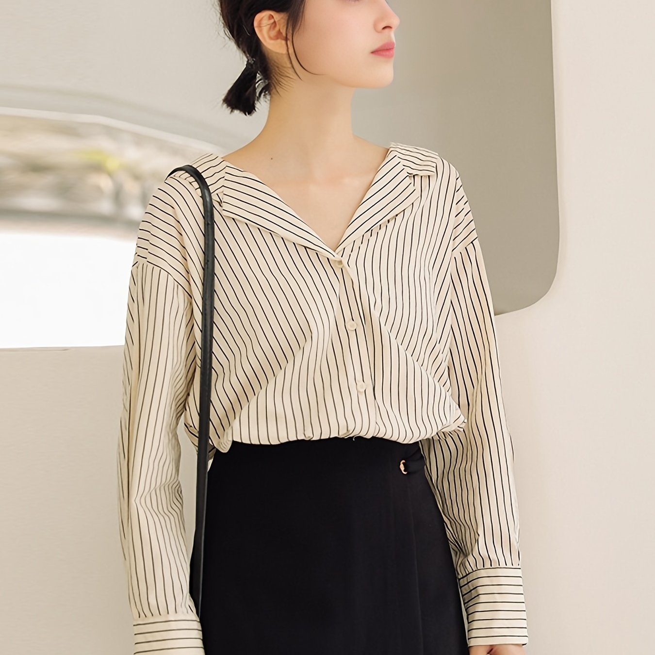 gbolsos  Striped V-neck Loose Blouses, Casual Lace Up Back Button Down Long Sleeve Fashion Shirts Tops, Women's Clothing