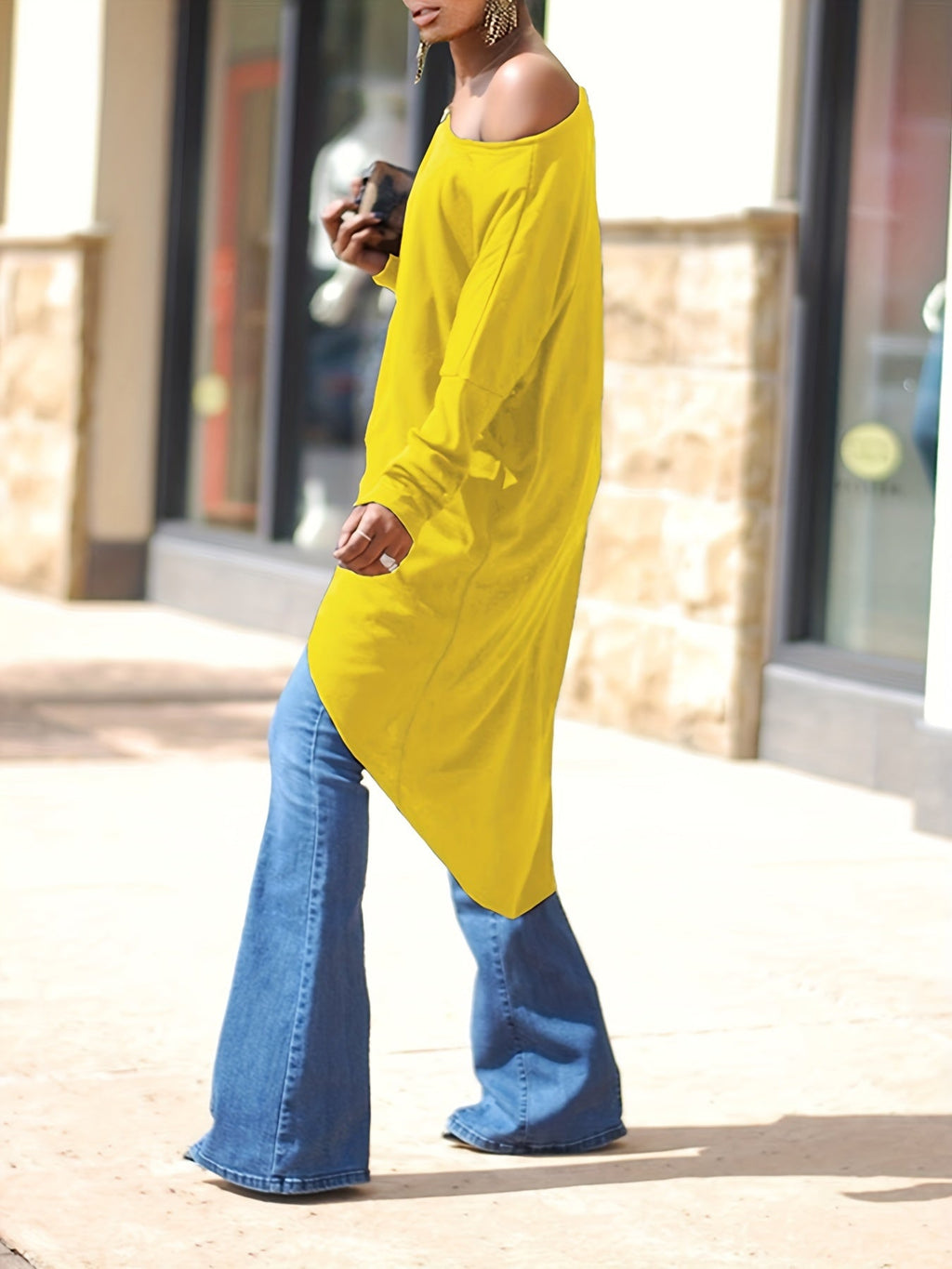 gbolsos  Irregular Slanted Round Neck T-shirt, Casual Loose Dipped Hem Long Sleeve Summer T-Shirts Tops, Women's Clothing
