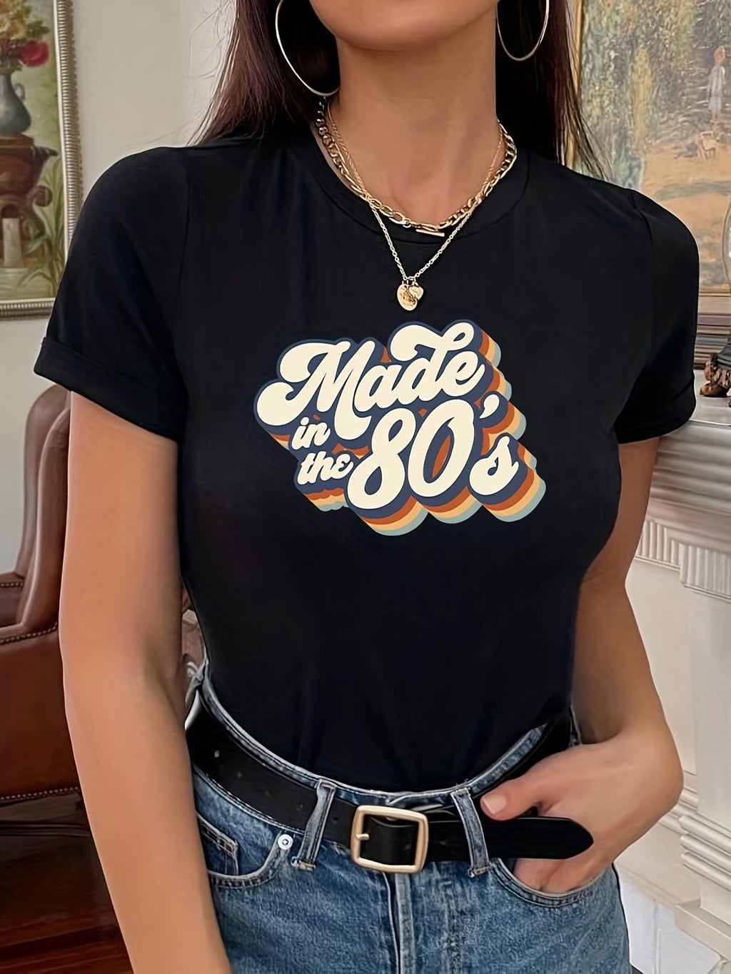 gbolsos  "Made In The 203.2cms" Letter Print T-shirts, Crew Neck Short Sleeve Summer Sports Top, Women's Clothing