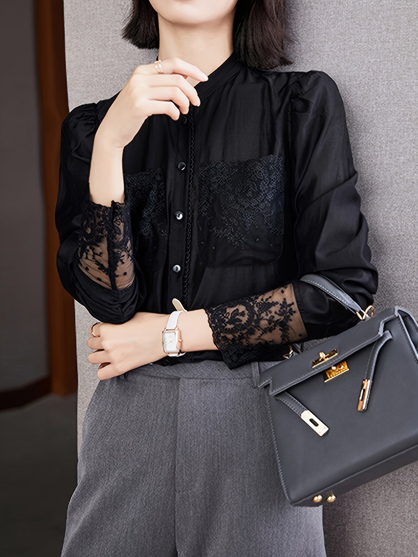 gbolsos  Lace V-neck Loose Blouses, Casual Solid Button Down Long Sleeve Fashion Shirts Tops, Women's Clothing
