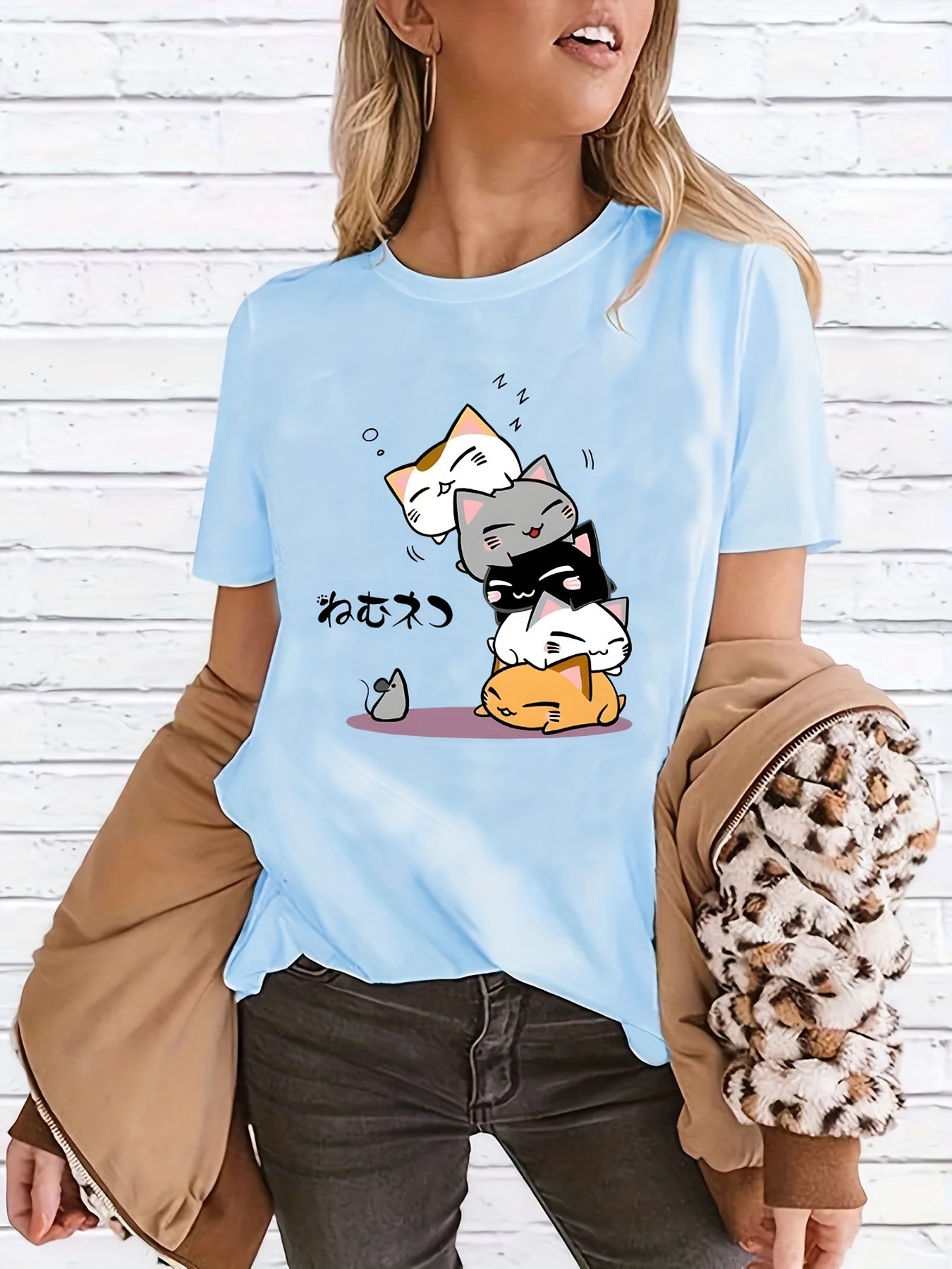 gbolsos  Cute Cartoon Cat Printed T-shirts, Short Sleeve Crew Neck Fashion Graphic Tee, Women's Summer Top