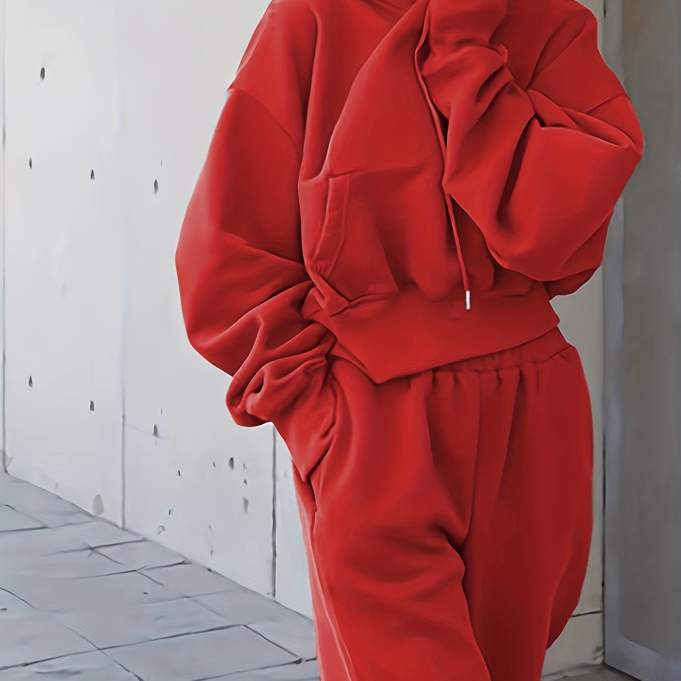 gbolsos  2pcs Athleisure Set, Oversized Solid Hooded Pocket Drawstring Sweatshirts & Sweatpants Sets, Women's Clothing