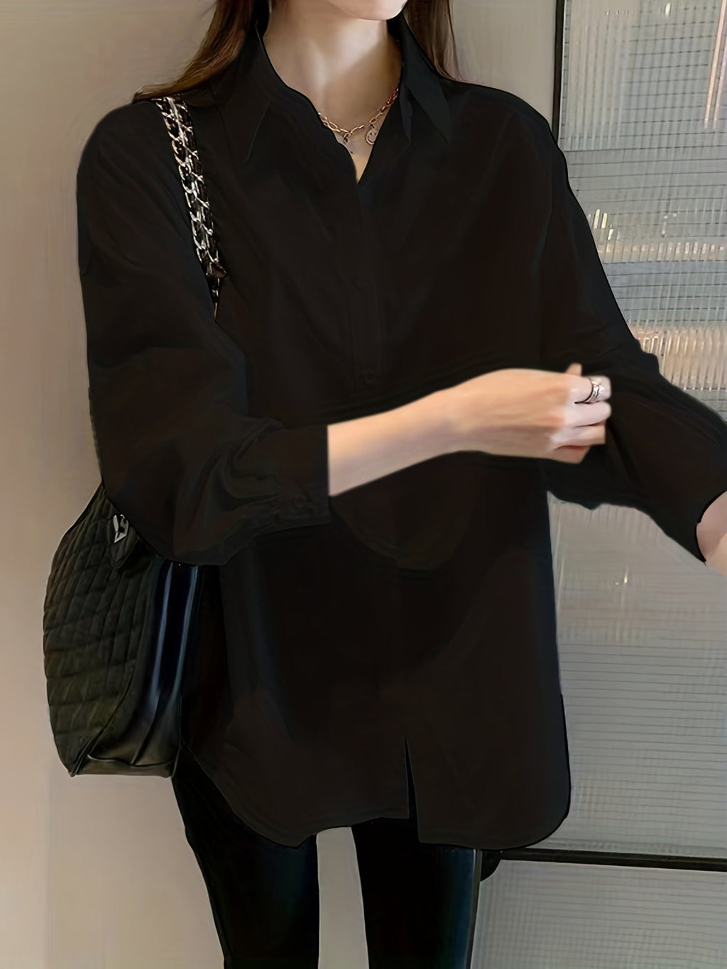 V-neck Loose Lapel Shirts, Casual Button Down Long Sleeve Fashion Blouses Tops, Women's Clothing