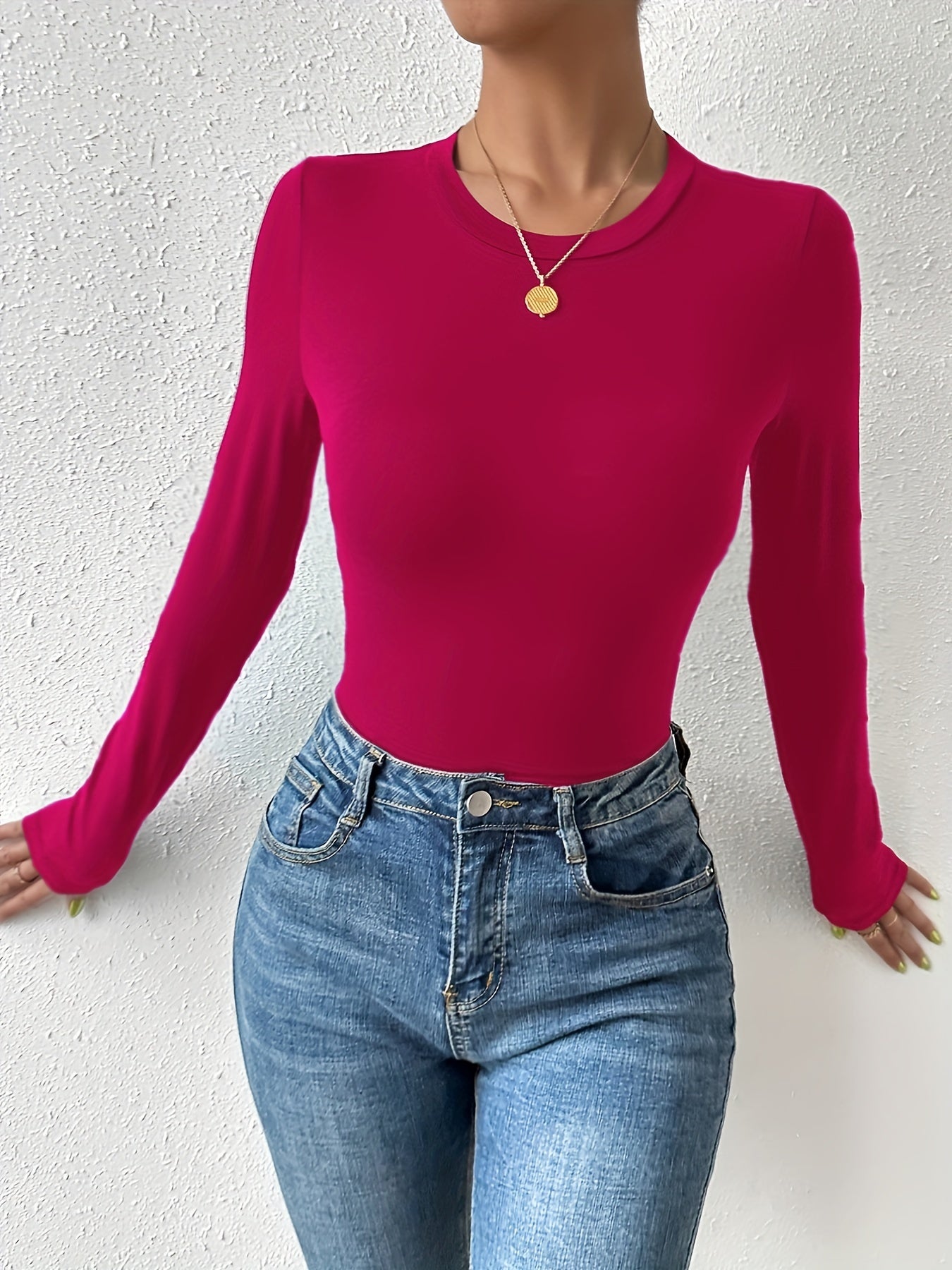 Basic Skinny Stretchy Top, Long Sleeve Crew Neck Solid T-Shirts, Casual Every Day Tops, Women's Clothing