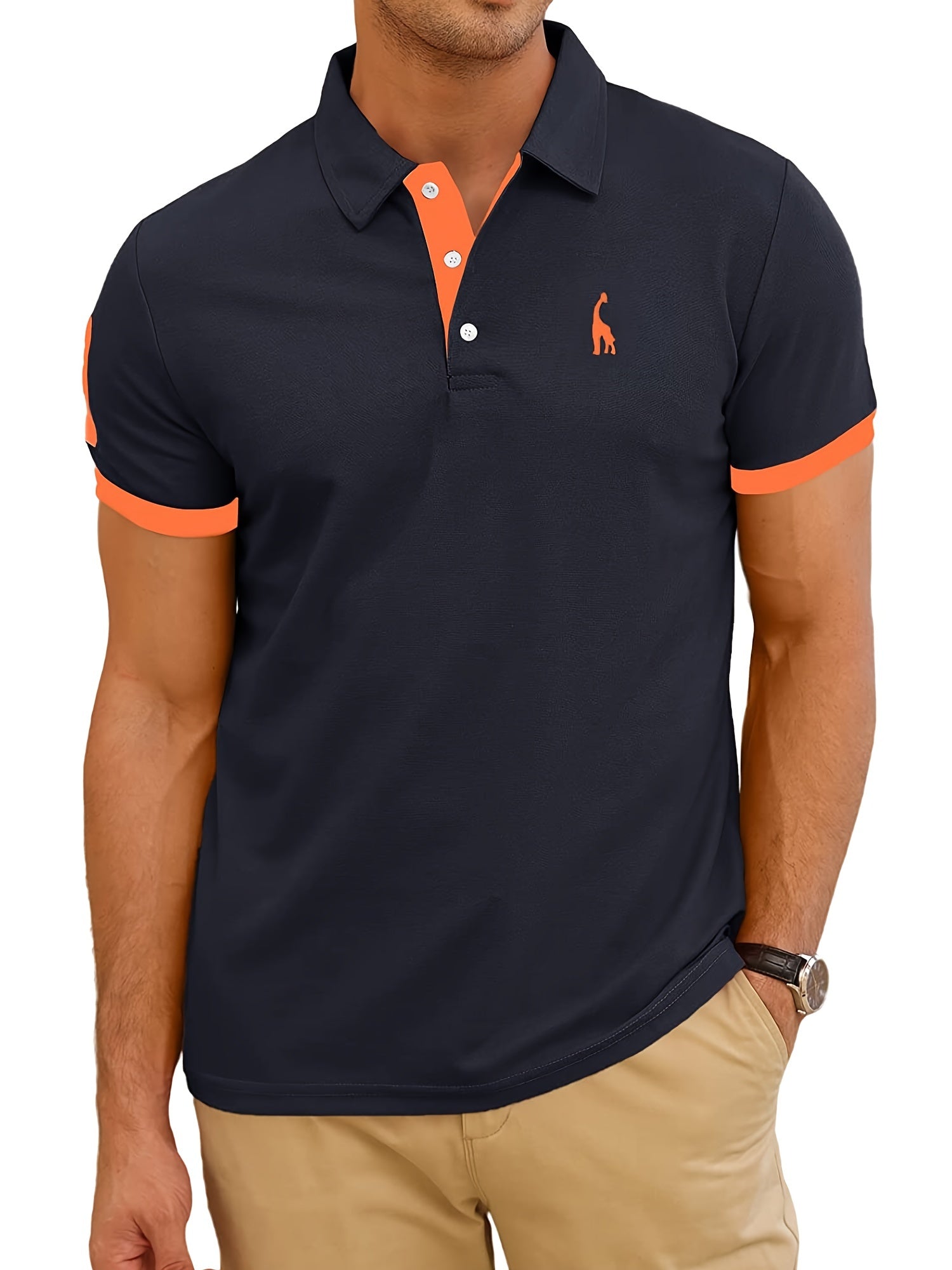 Men's Casual Slim Fit Embroidered Striped Polo Shirt