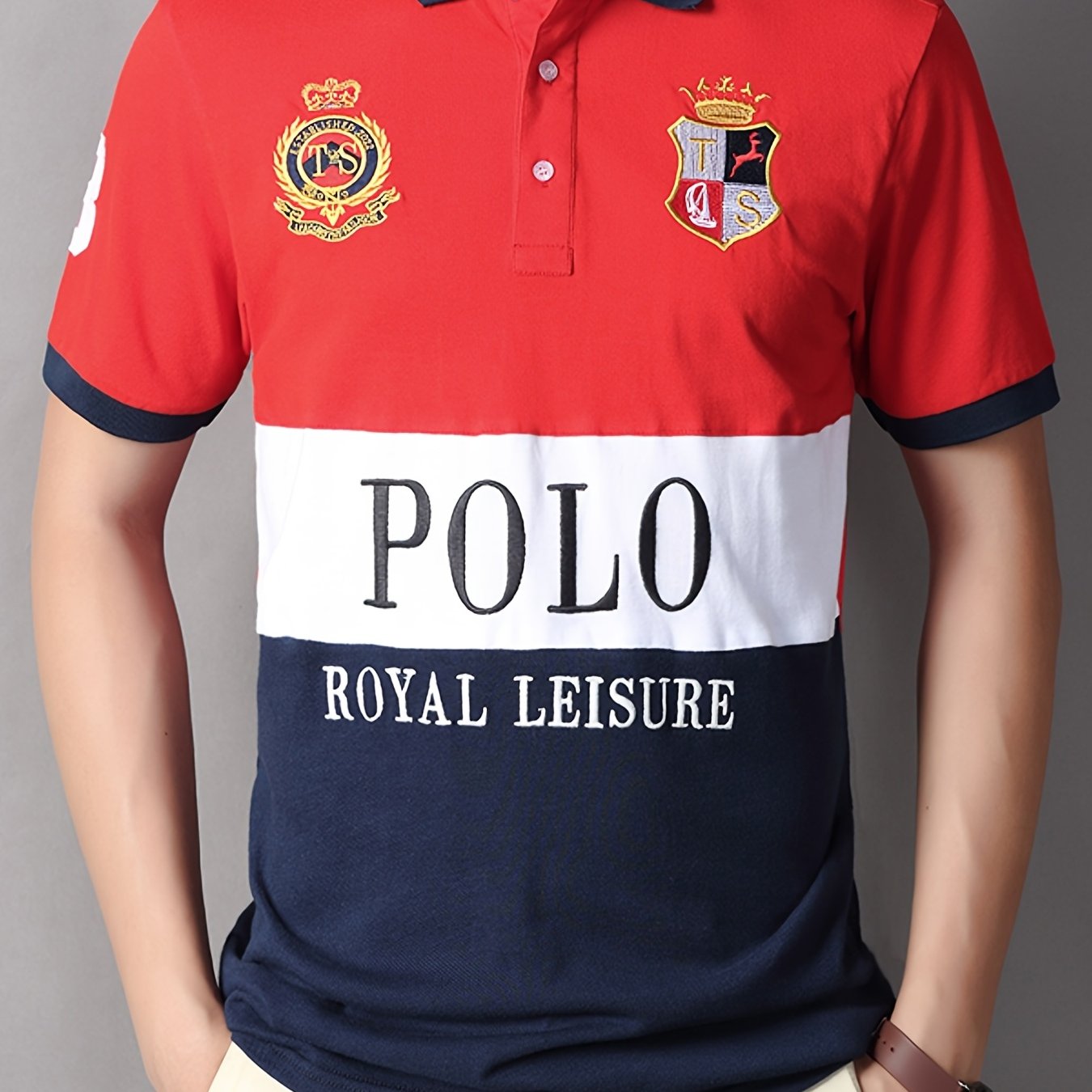 Men's Slit Contrast Slim Cotton Embroidered Polo Shirt