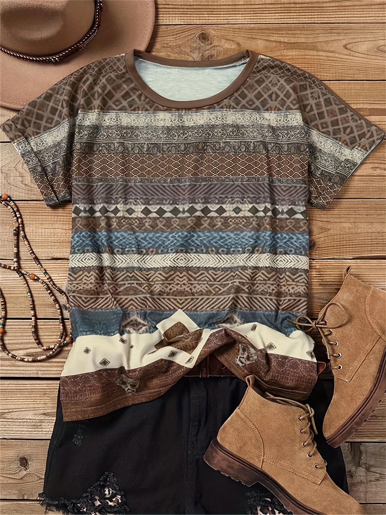 gbolsos  Ethnic Print Crew Neck T-shirt, Casual Western Loose Short Sleeve Summer T-Shirts Tops, Women's Clothing