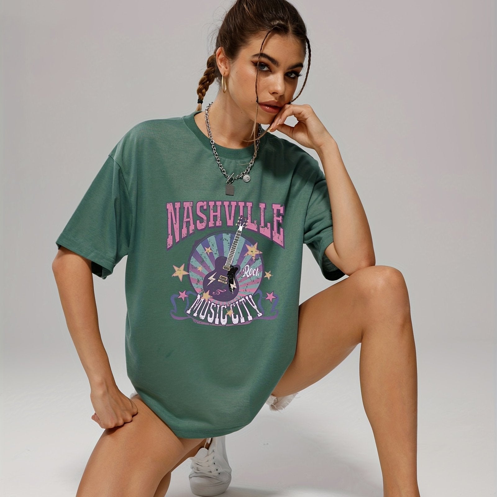 gbolsos  Letter Music City Guitar Graphic Tee For Women, Summer Versatile Crew Neck Casual Sports T-shirts, Women's Athleisure