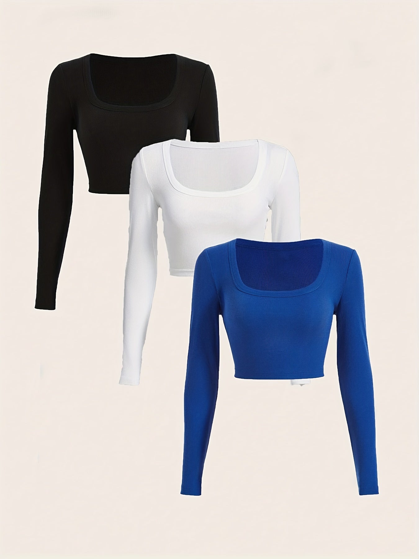 gbolsos  3 Packs Ribbed Square Neck Crop T-Shirts, Casual Long Sleeve Top For Spring & Fall, Women's Clothing