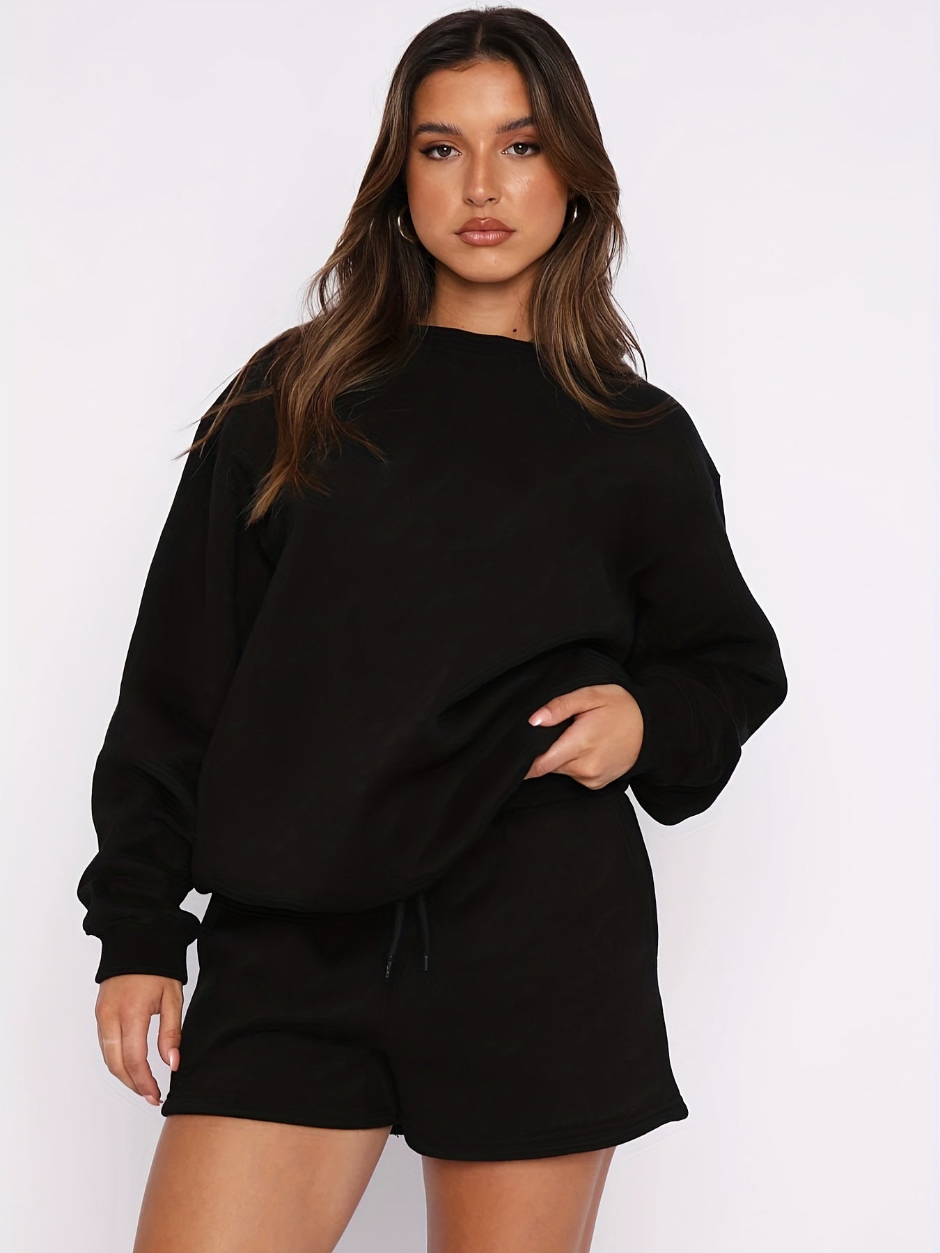 gbolsos  2 Pieces Solid Color Casual Sports Set, Crew Neck Long Sleeve Pullover Shirts & Drawstring Sweatpants, Women's Activewear