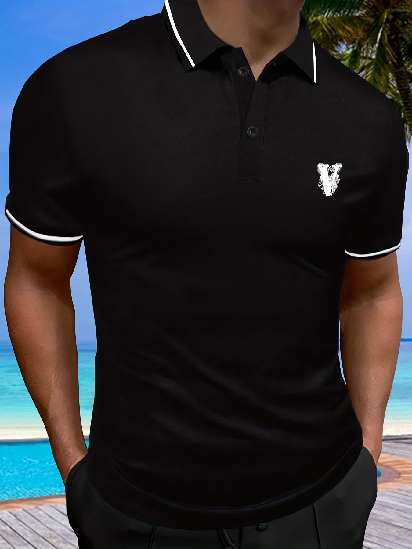 Casual Short Sleeves Button Up Graphic Polo Shirts, V-neck Tops Pullovers, Men's Clothing For Summer