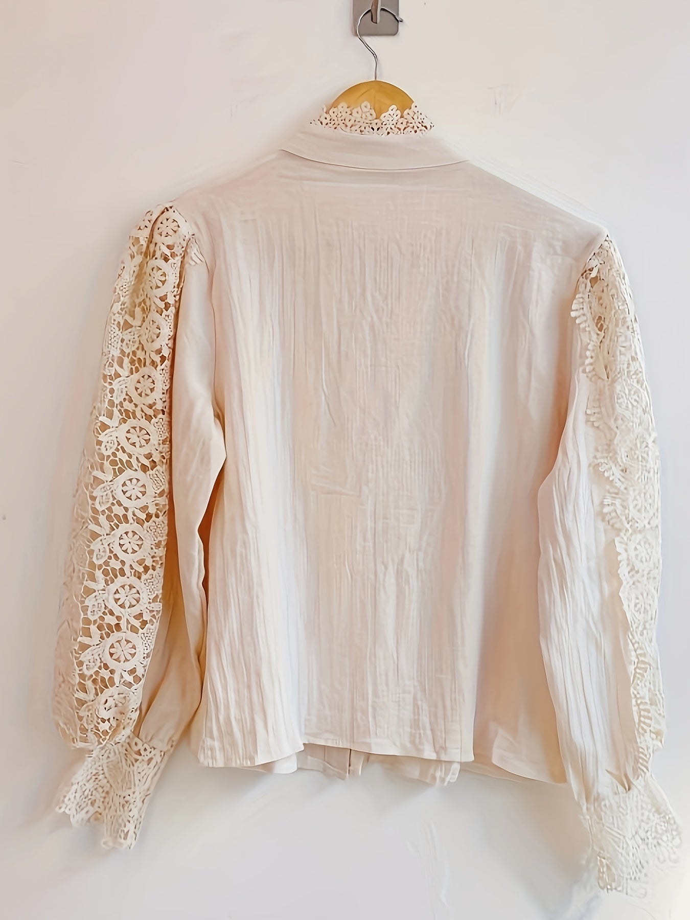 gbolsos  Women's Blouse White Lace Patchwork Shirt  Long Sleeve Hollow Out Vintage Slim Shirts Button Top Blouse