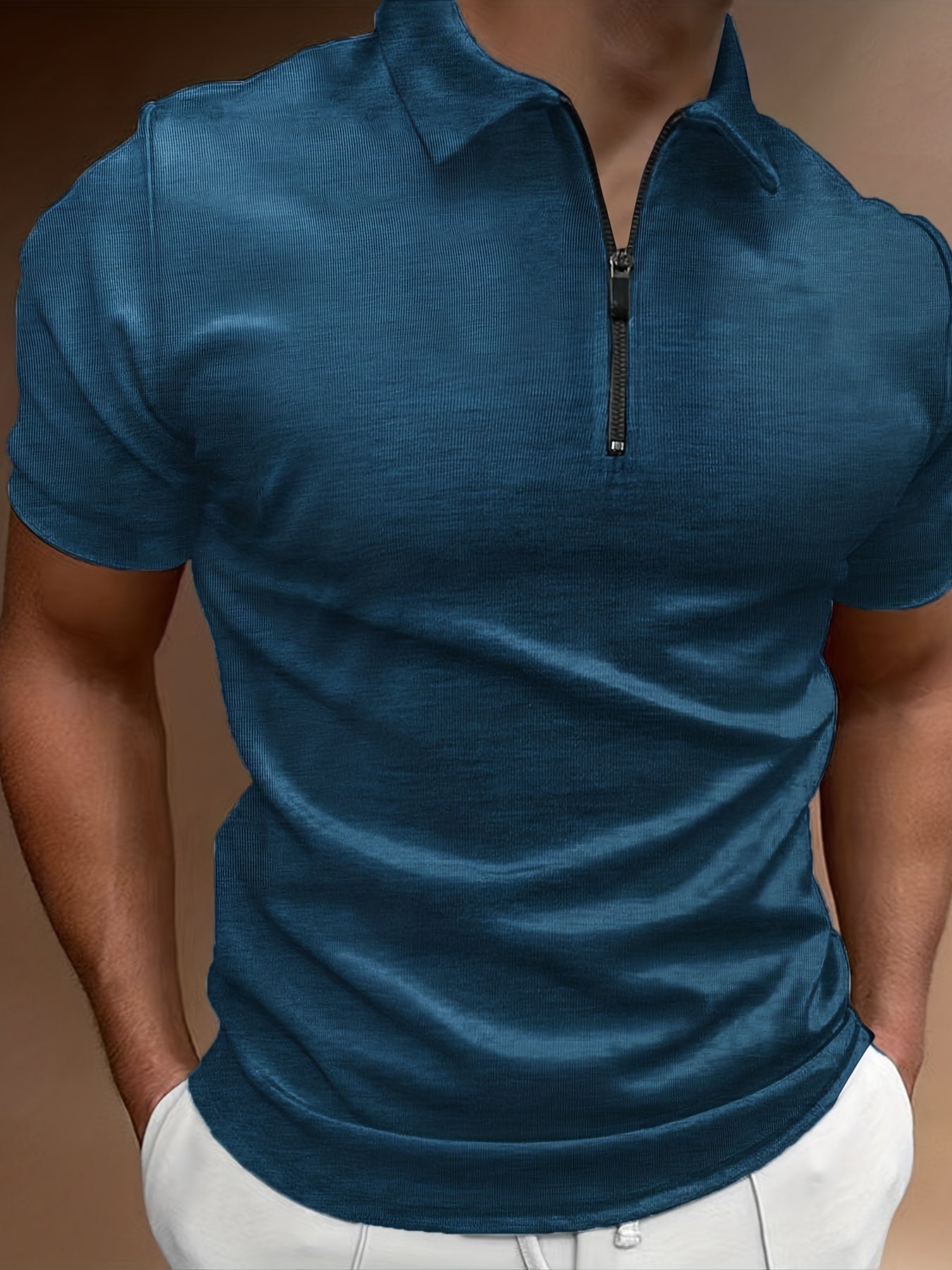 Classic Design Men's Casual Short Sleeves Zipper Polo Shirts, Lapel Collar Tops Pullovers, Men's Clothing For Summer