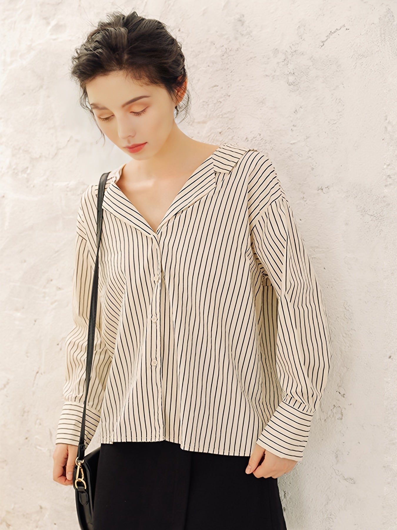 gbolsos  Striped V-neck Loose Blouses, Casual Lace Up Back Button Down Long Sleeve Fashion Shirts Tops, Women's Clothing