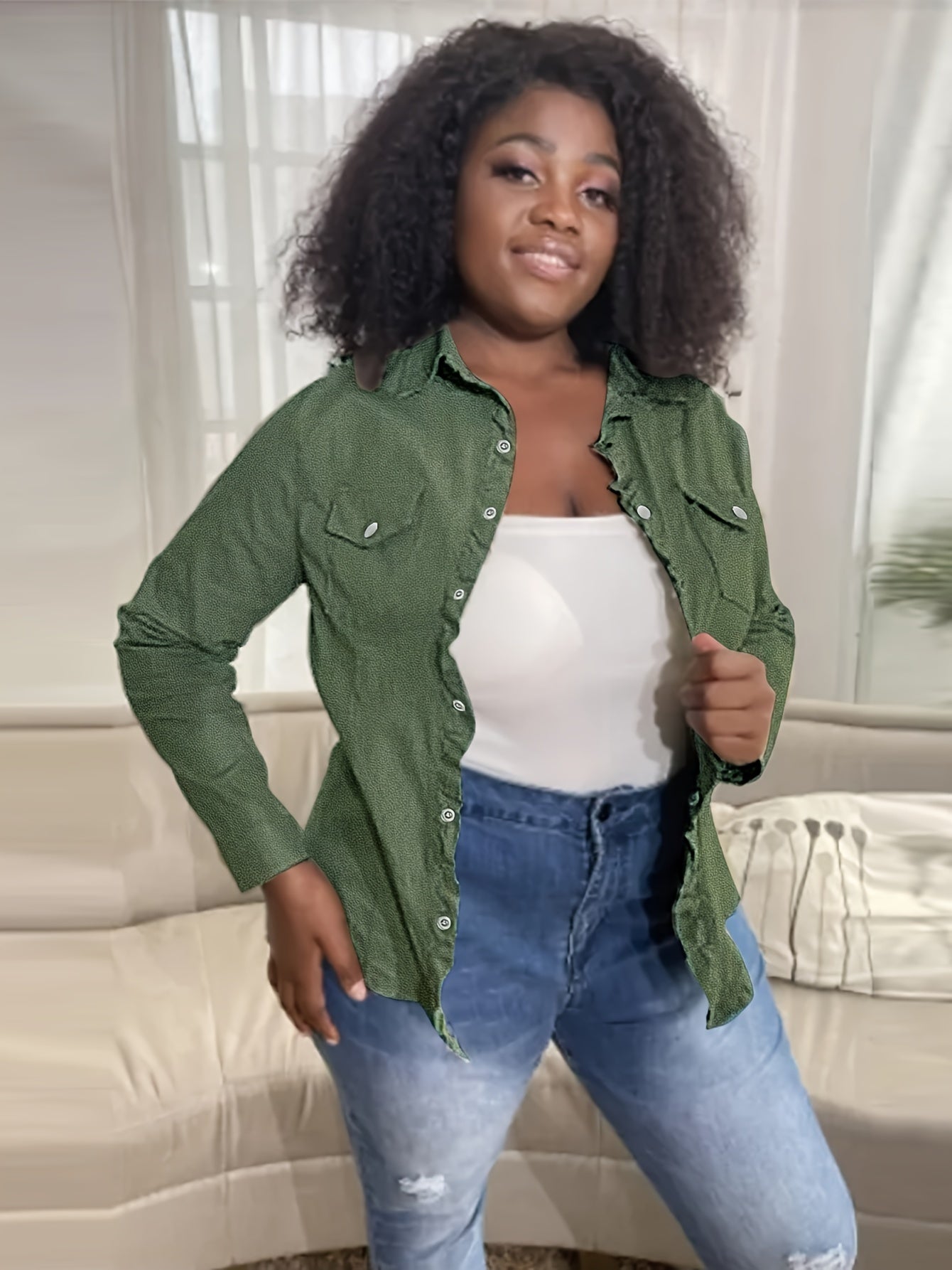 Solid Color Single-breasted Casual Denim Shirts Top, Lapel Long Sleeve Flap Pocket Denim Top, Women's Denim Jeans & Clothing