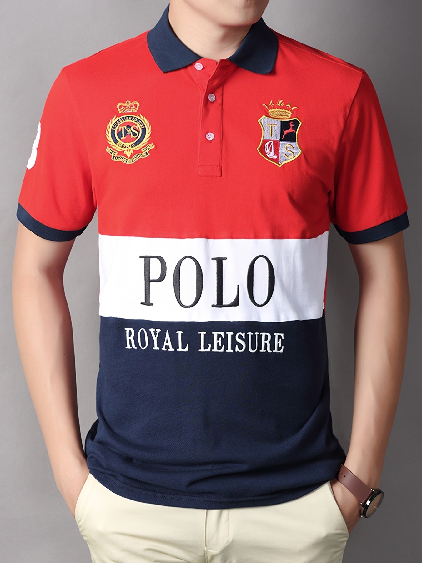 Men's Slit Contrast Slim Cotton Embroidered Polo Shirt