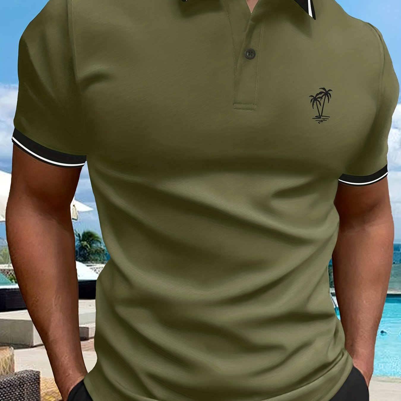 Casual Short Sleeves Button Up Graphic Polo Shirts, V-neck Tops Pullovers, Men's Clothing For Summer