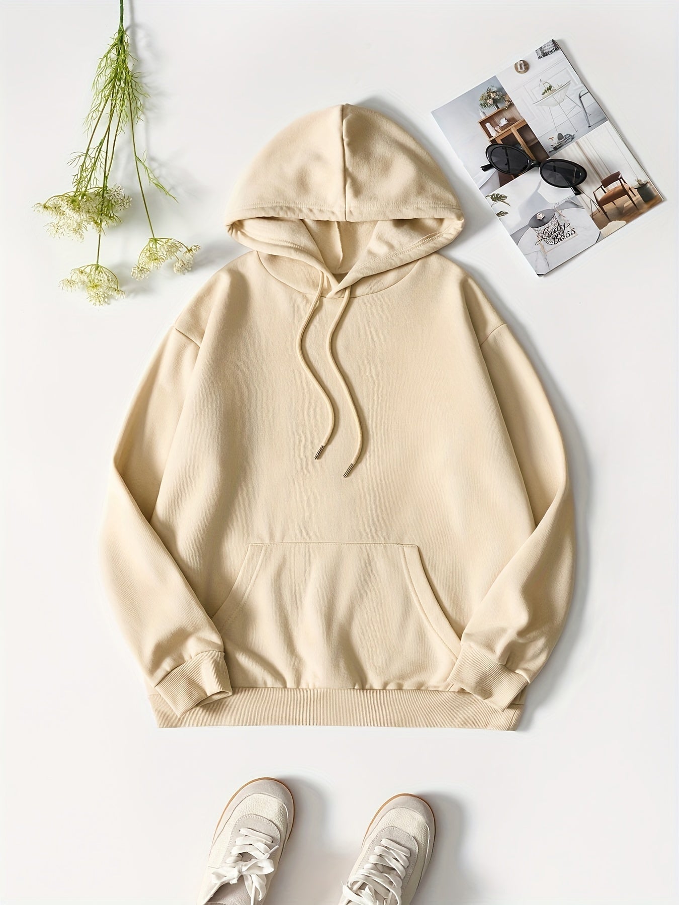 gbolsosSolid Color Casual Sports Hooded Sweatshirts, Front Pocket Drawstring Hoodie, Women's Sporty Sweatshirts