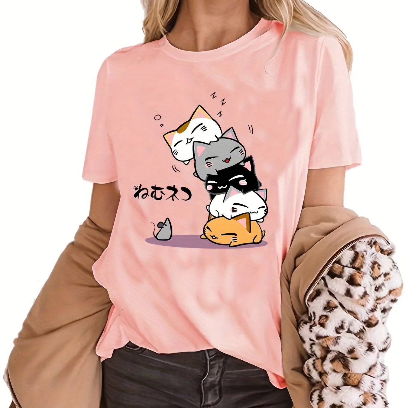 gbolsos  Cute Cartoon Cat Printed T-shirts, Short Sleeve Crew Neck Fashion Graphic Tee, Women's Summer Top