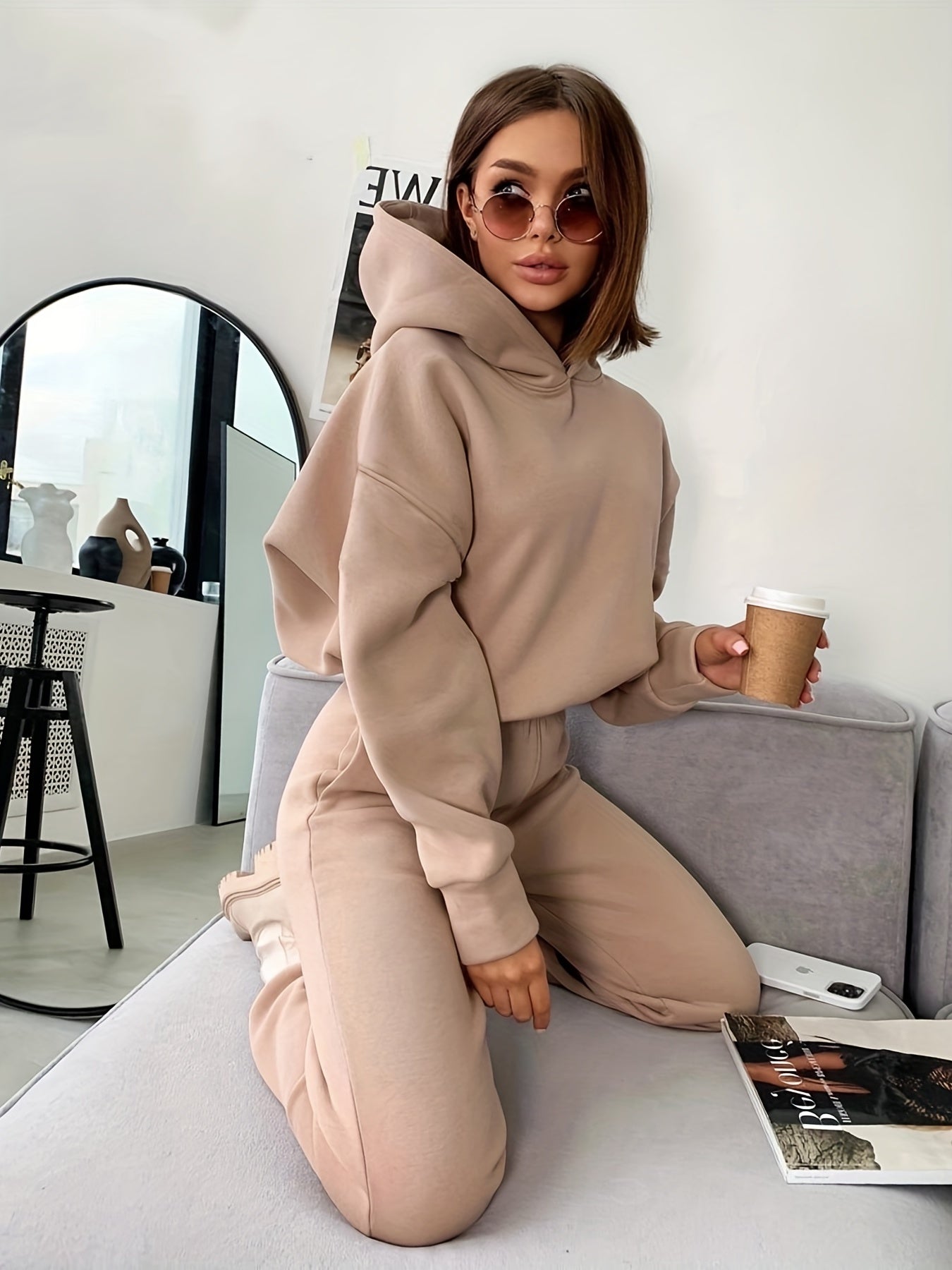 gbolsos  2pcs Solid Color Casual Suits, Long Sleeve Hooded Sweatshirts & High Waist Slant Pockets Jogger Pants Set, Women's Clothing