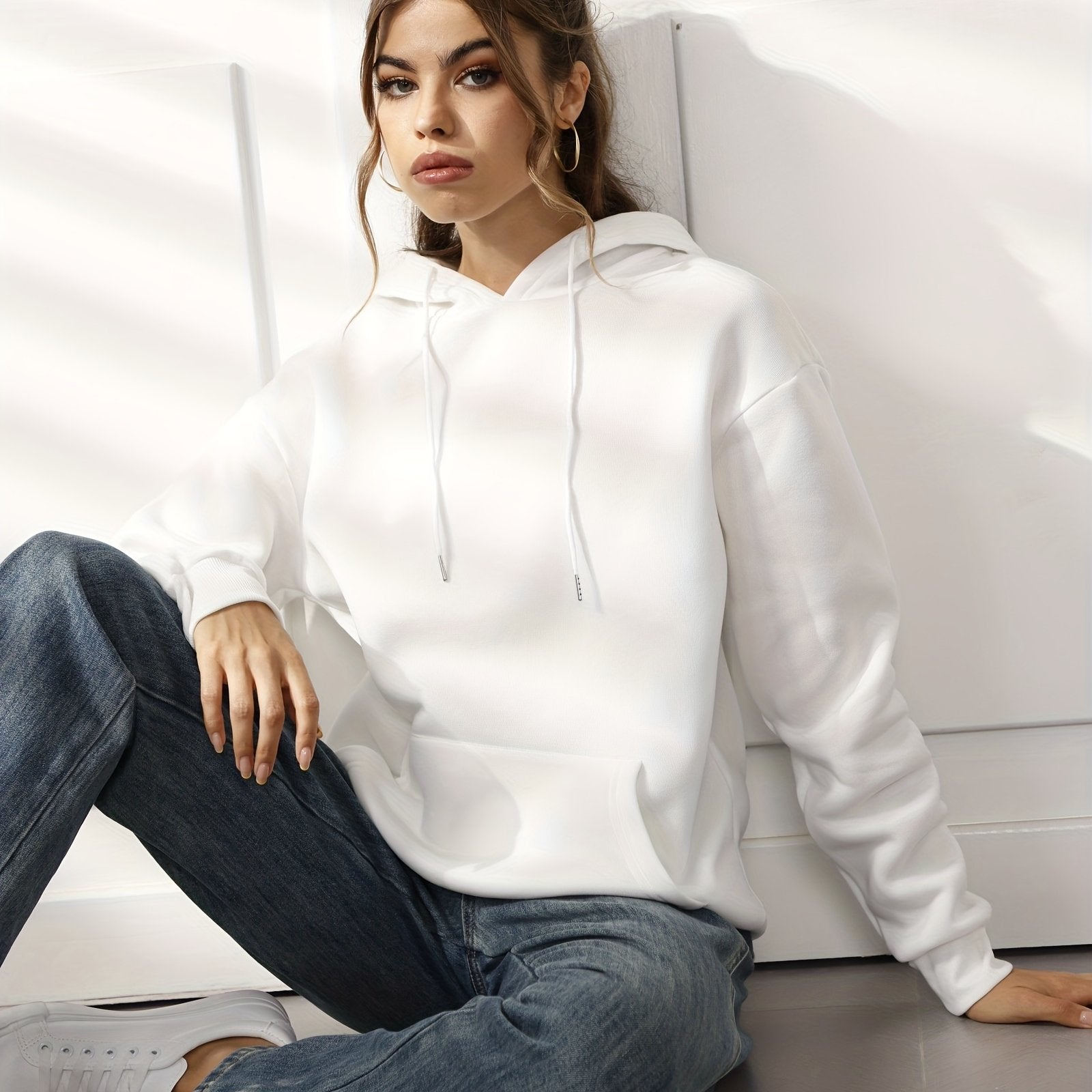 gbolsosSolid Color Casual Sports Hooded Sweatshirts, Front Pocket Drawstring Hoodie, Women's Sporty Sweatshirts