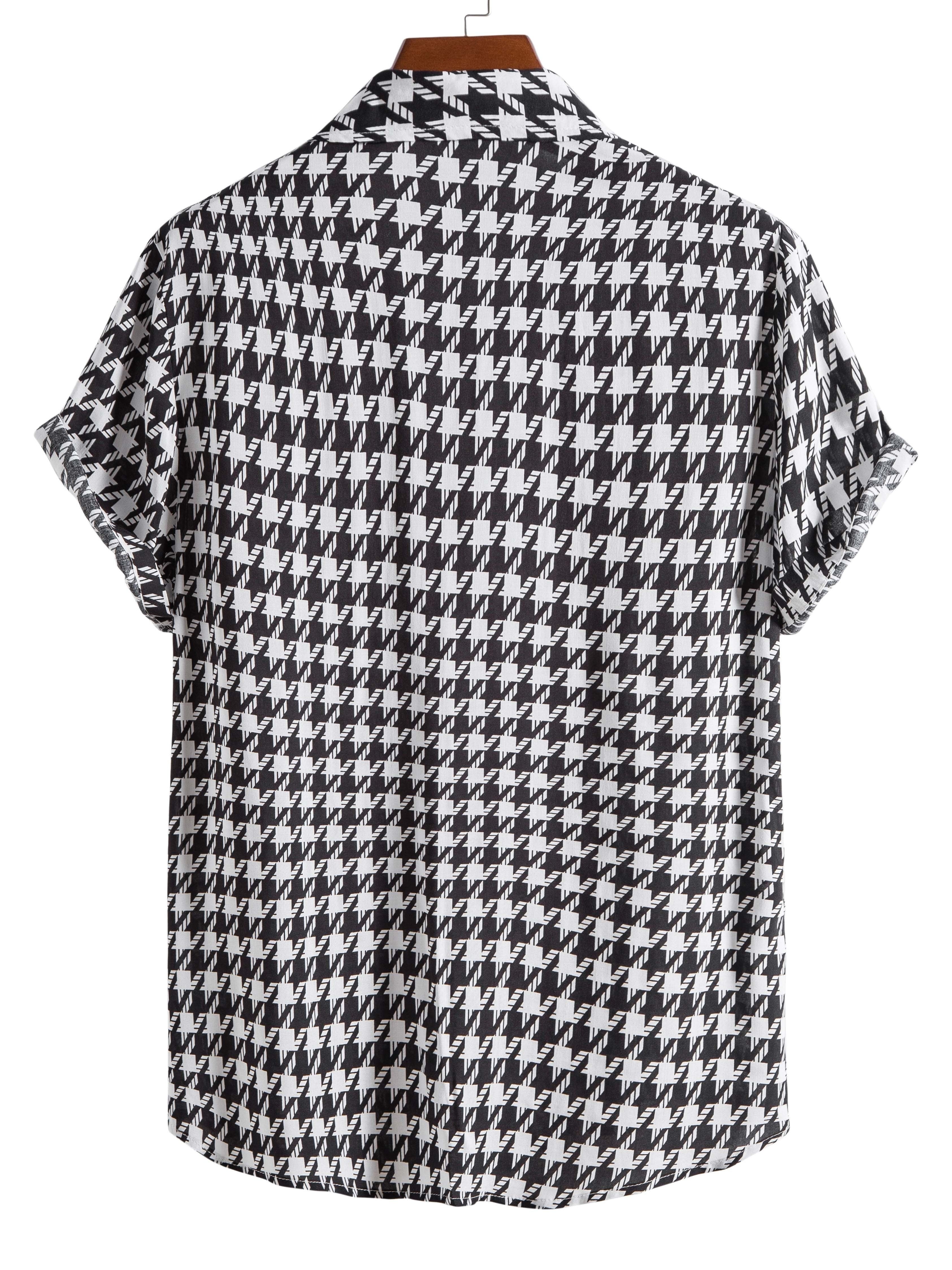 gbolsos   Houndstooth Print -  Button Up Short Sleeve Shirts Summer Casual