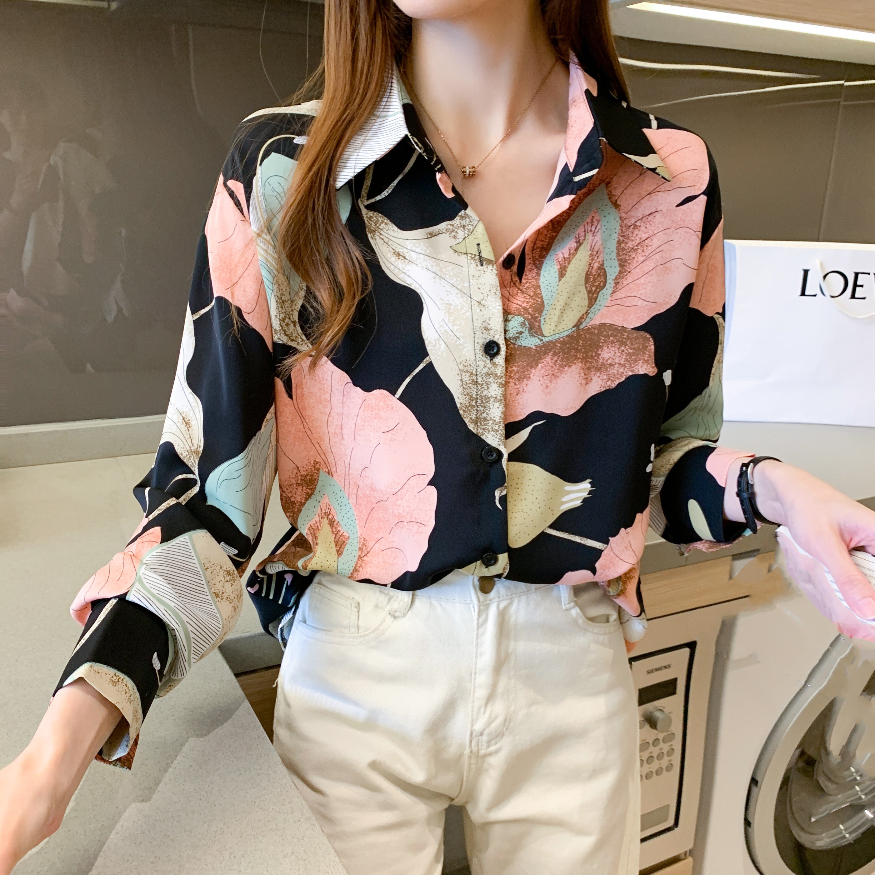 gbolsos  Print V-neck Loose Lapel Blouses, Casual Button Down Long Sleeve Fashion Shirts Tops, Women's Clothing