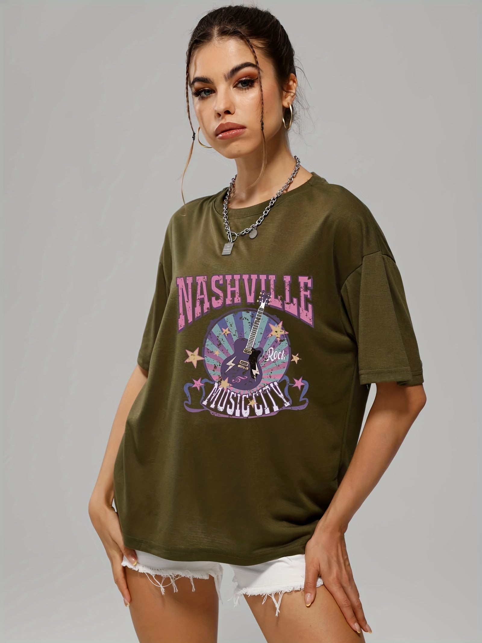 gbolsos  Letter Music City Guitar Graphic Tee For Women, Summer Versatile Crew Neck Casual Sports T-shirts, Women's Athleisure