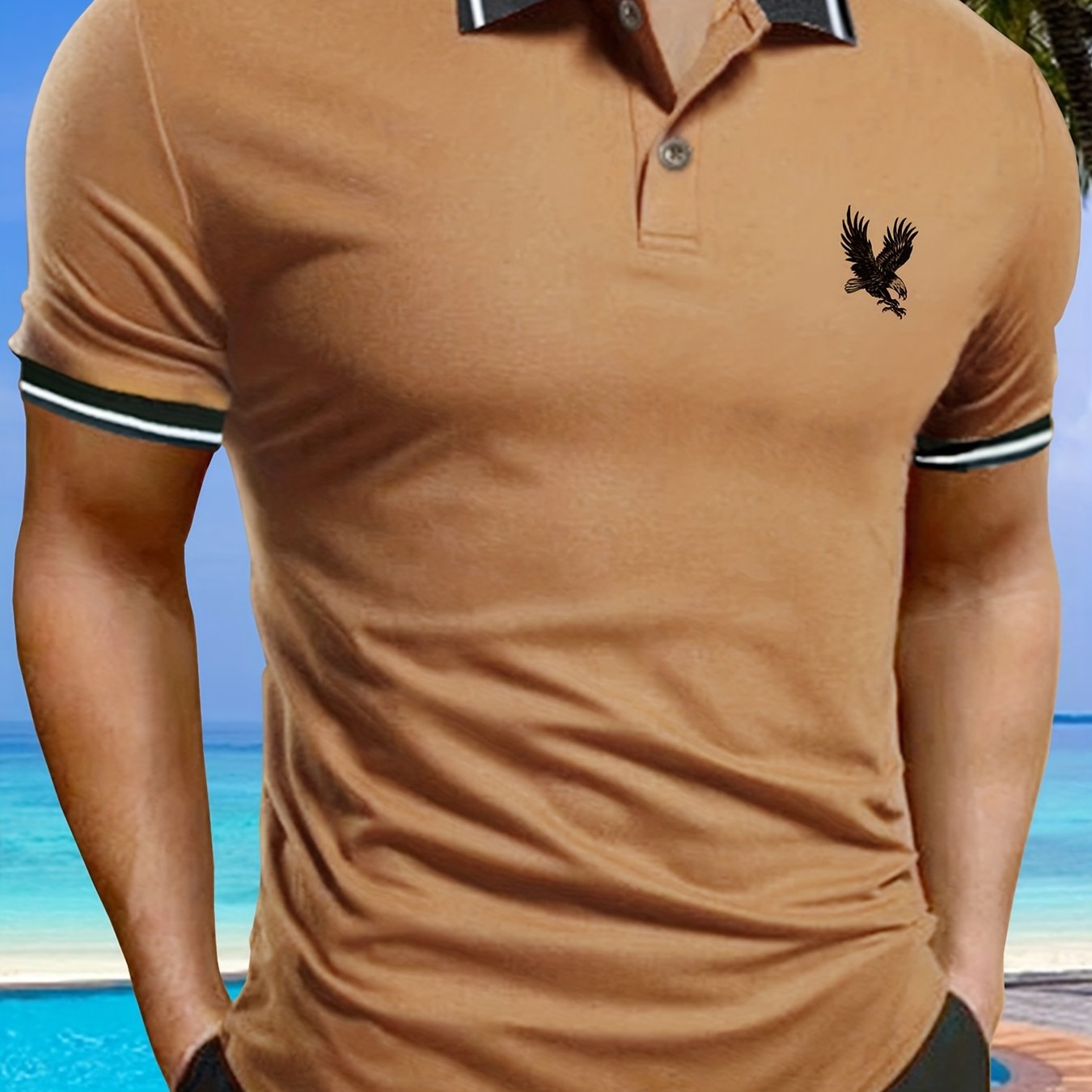 Casual Short Sleeves Button Up Graphic Polo Shirts, V-neck Tops Pullovers, Men's Clothing For Summer