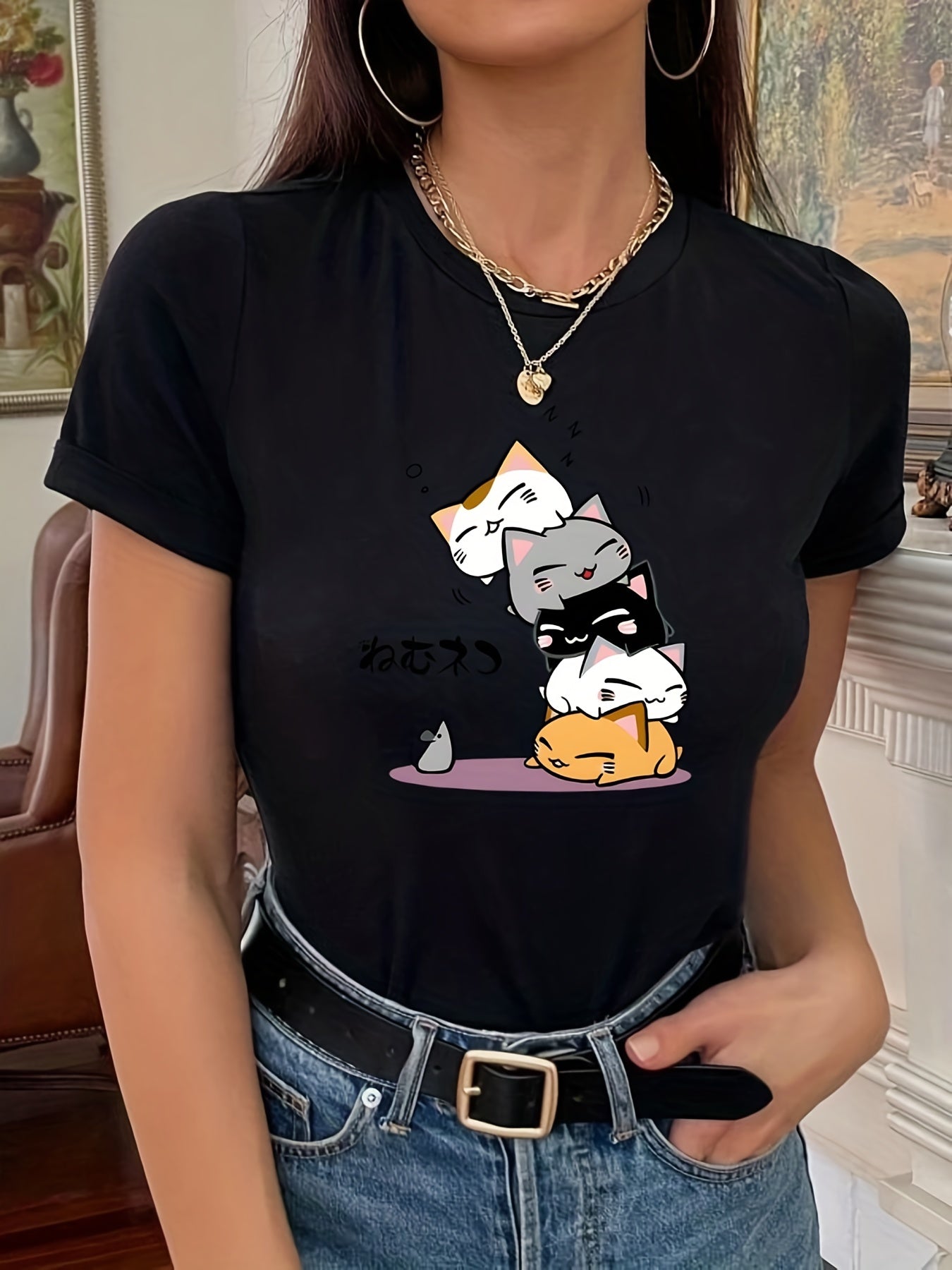 gbolsos  Cute Cartoon Cat Printed T-shirts, Short Sleeve Crew Neck Fashion Graphic Tee, Women's Summer Top