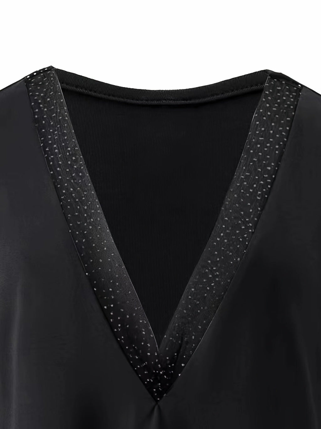 gbolsos  Solid Stitching Mesh Sleeve V-Neck Loose Top, Stylish Pullover Shirts, Women's Clothing