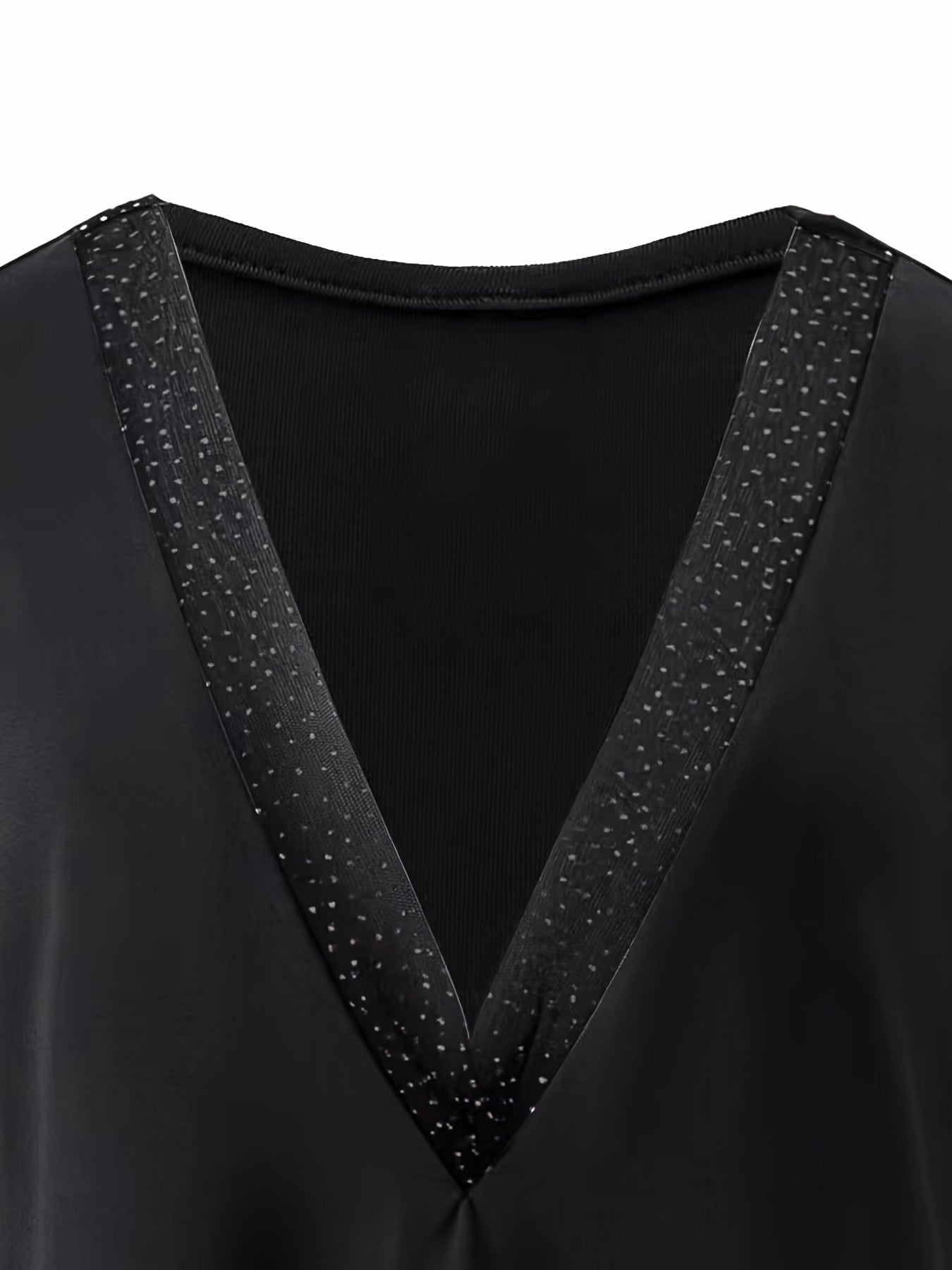 gbolsos  Solid Stitching Mesh Sleeve V-Neck Loose Top, Stylish Pullover Shirts, Women's Clothing