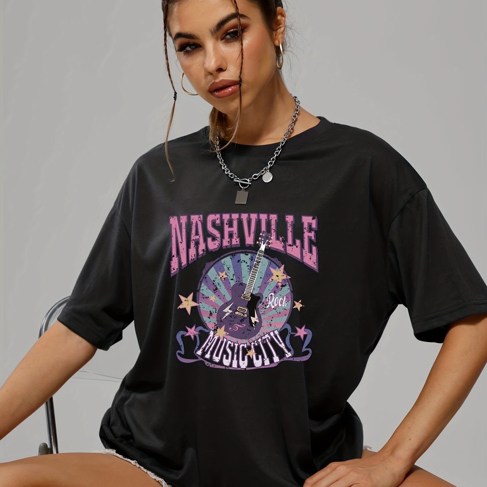 gbolsos  Letter Music City Guitar Graphic Tee For Women, Summer Versatile Crew Neck Casual Sports T-shirts, Women's Athleisure