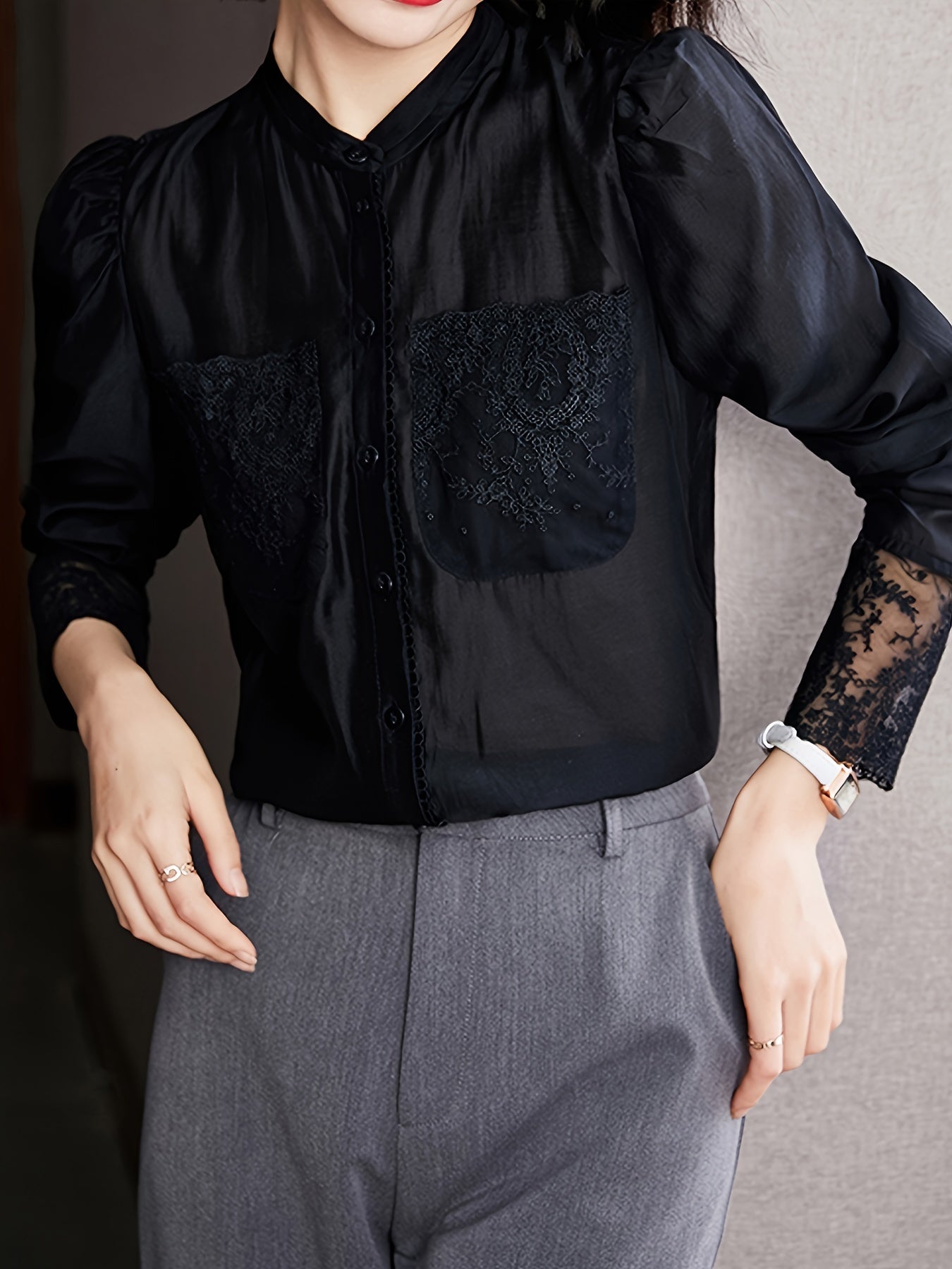 gbolsos  Lace V-neck Loose Blouses, Casual Solid Button Down Long Sleeve Fashion Shirts Tops, Women's Clothing