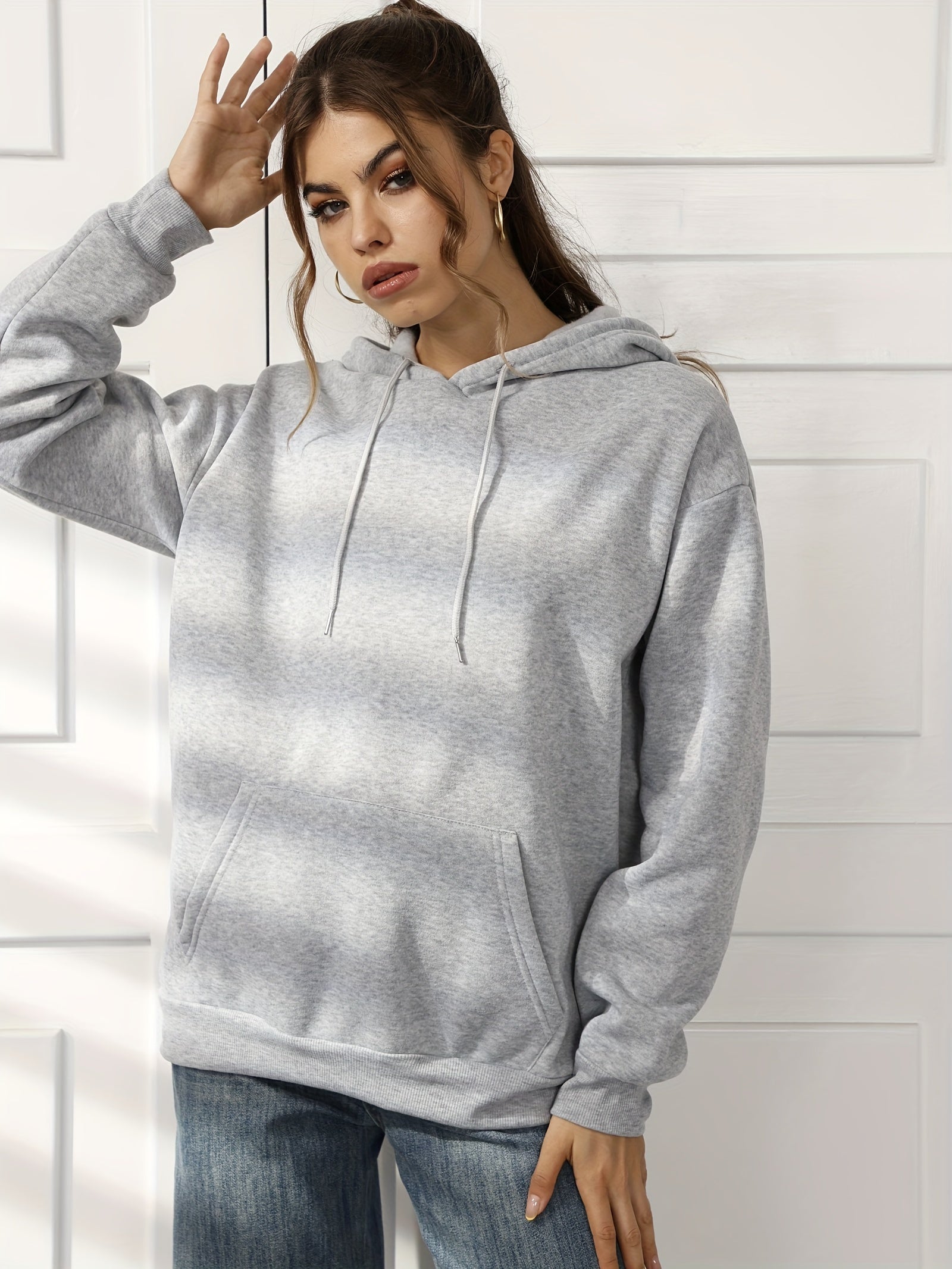 gbolsosSolid Color Casual Sports Hooded Sweatshirts, Front Pocket Drawstring Hoodie, Women's Sporty Sweatshirts