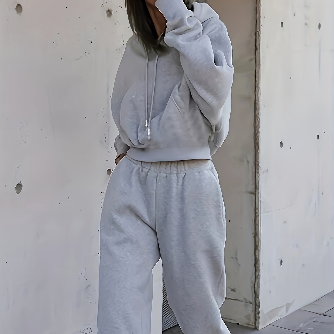 gbolsos  2pcs Athleisure Set, Oversized Solid Hooded Pocket Drawstring Sweatshirts & Sweatpants Sets, Women's Clothing
