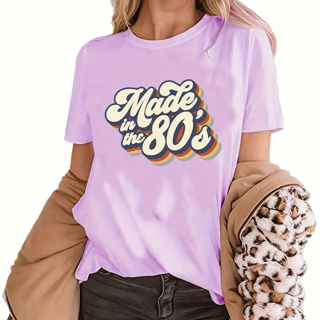 gbolsos  "Made In The 203.2cms" Letter Print T-shirts, Crew Neck Short Sleeve Summer Sports Top, Women's Clothing