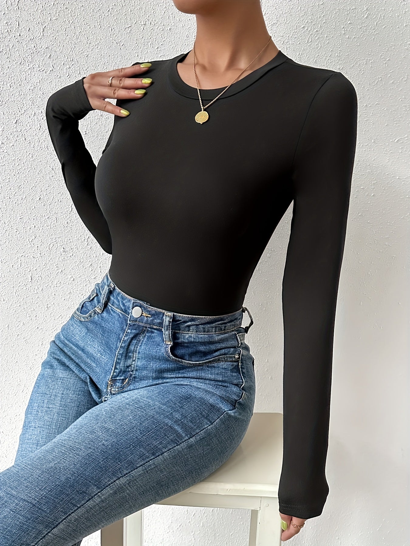 Basic Skinny Stretchy Top, Long Sleeve Crew Neck Solid T-Shirts, Casual Every Day Tops, Women's Clothing