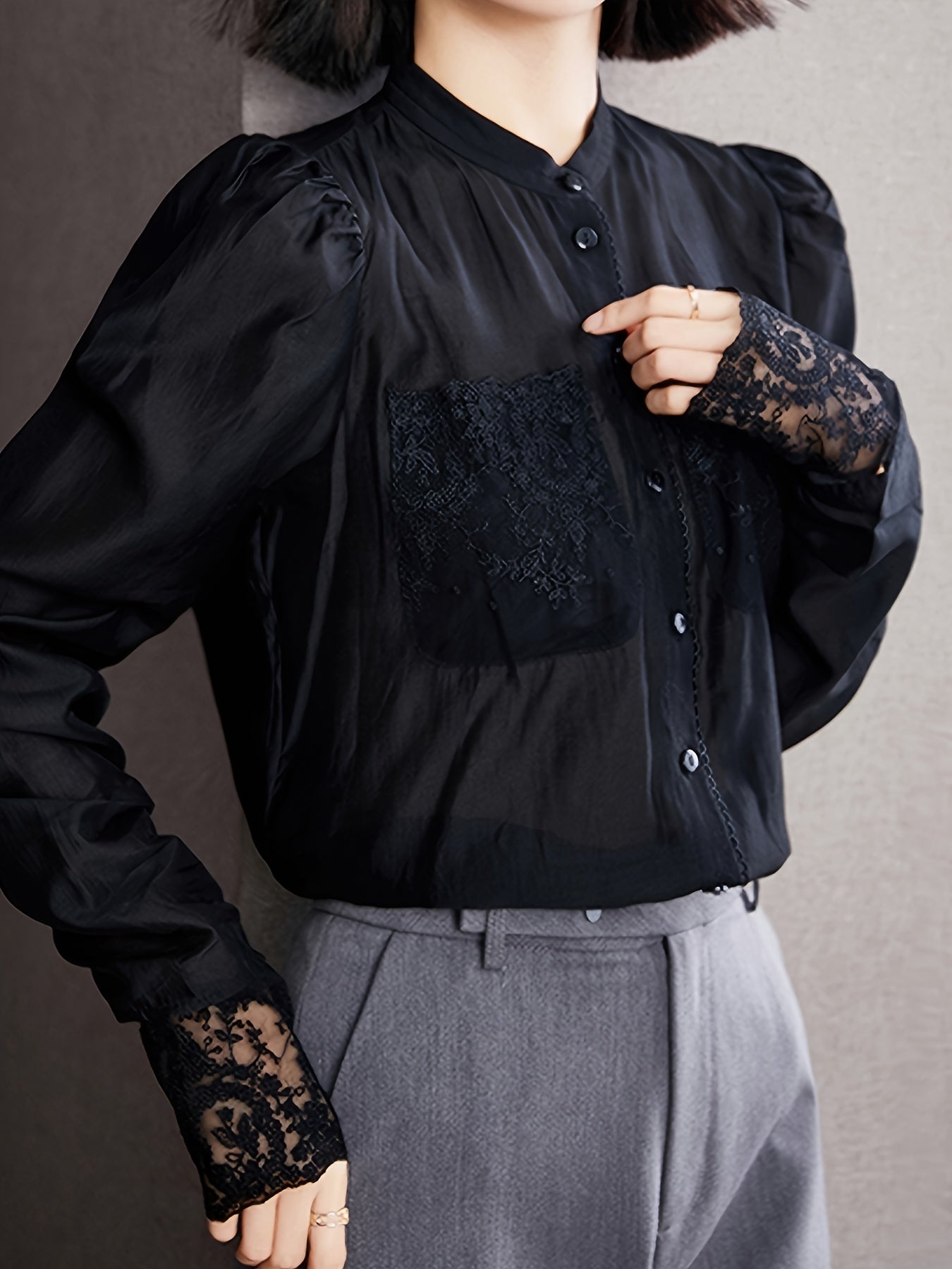 gbolsos  Lace V-neck Loose Blouses, Casual Solid Button Down Long Sleeve Fashion Shirts Tops, Women's Clothing