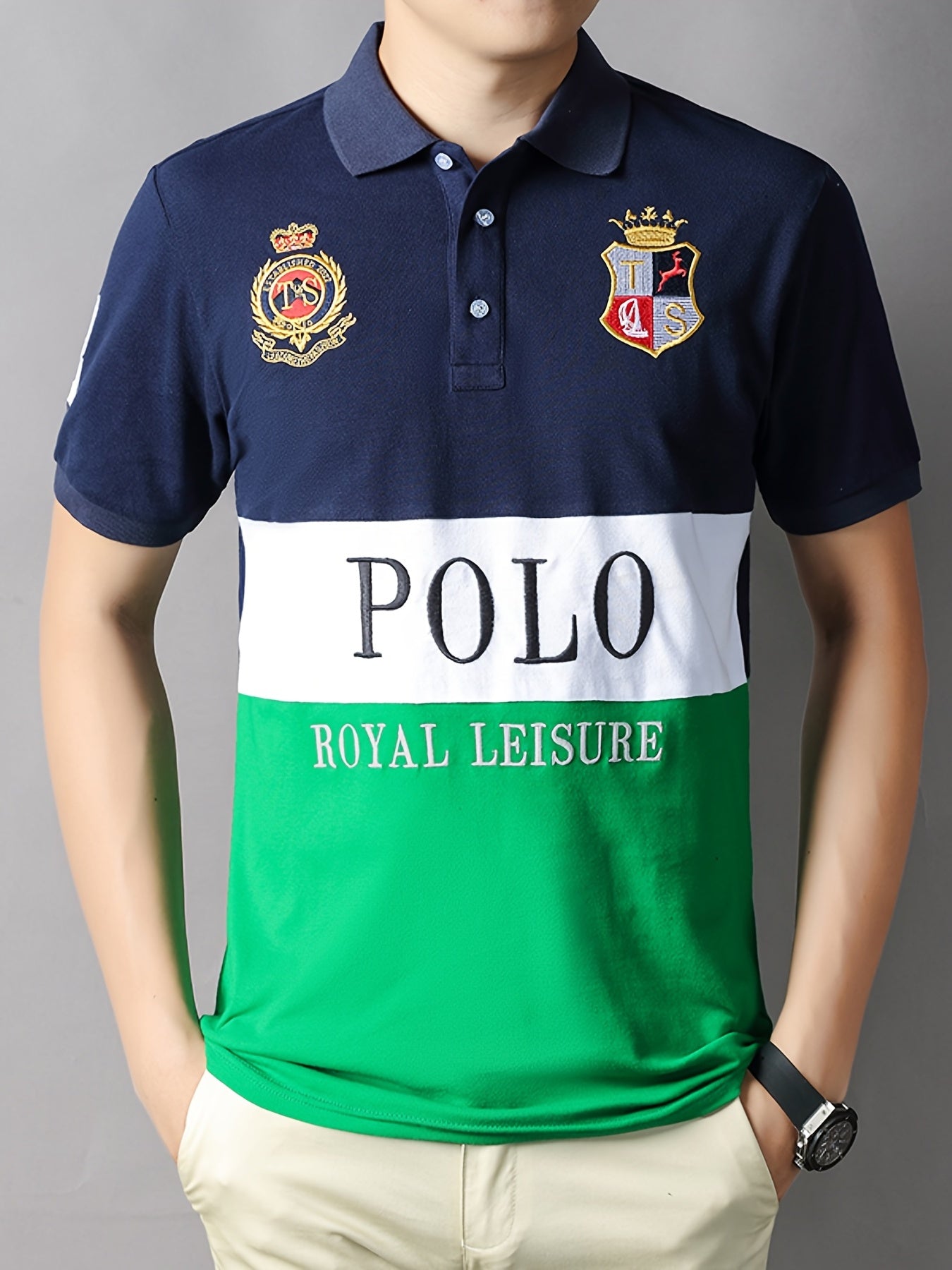 Men's Slit Contrast Slim Cotton Embroidered Polo Shirt