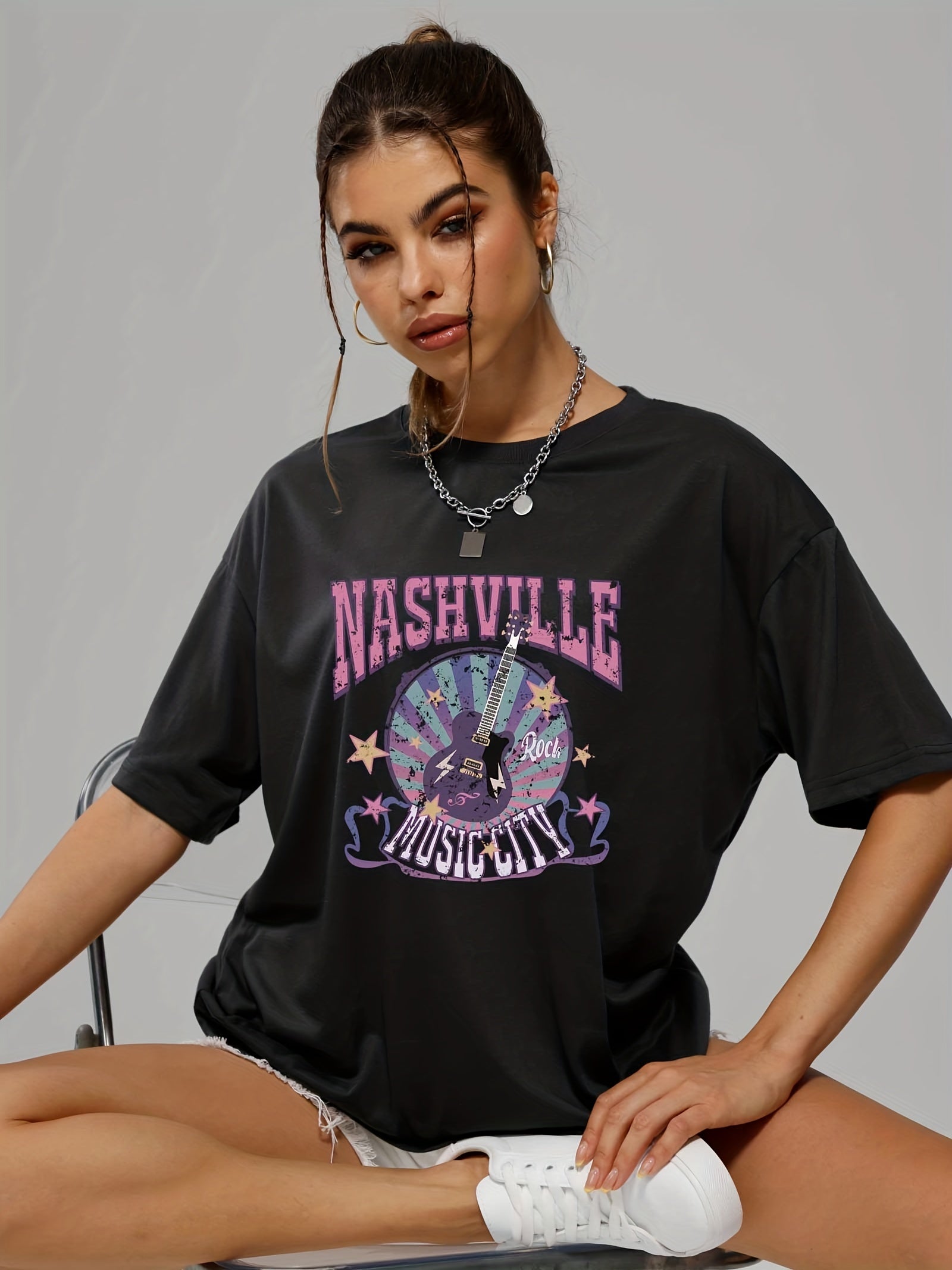 gbolsos  Letter Music City Guitar Graphic Tee For Women, Summer Versatile Crew Neck Casual Sports T-shirts, Women's Athleisure