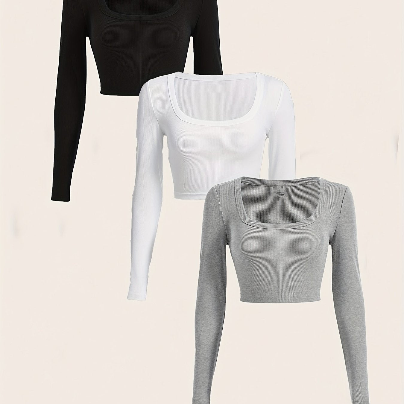 gbolsos  3 Packs Ribbed Square Neck Crop T-Shirts, Casual Long Sleeve Top For Spring & Fall, Women's Clothing