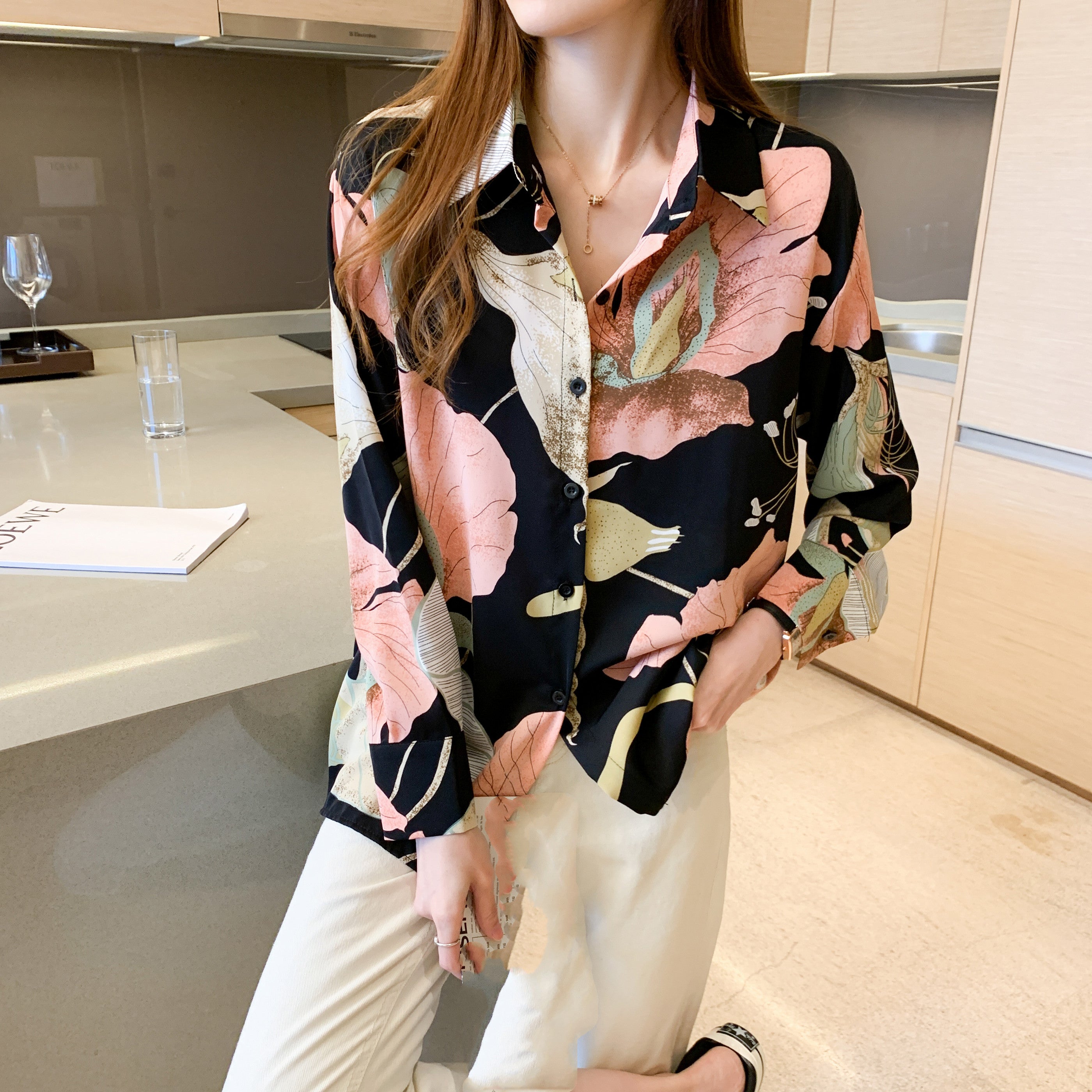 gbolsos  Print V-neck Loose Lapel Blouses, Casual Button Down Long Sleeve Fashion Shirts Tops, Women's Clothing