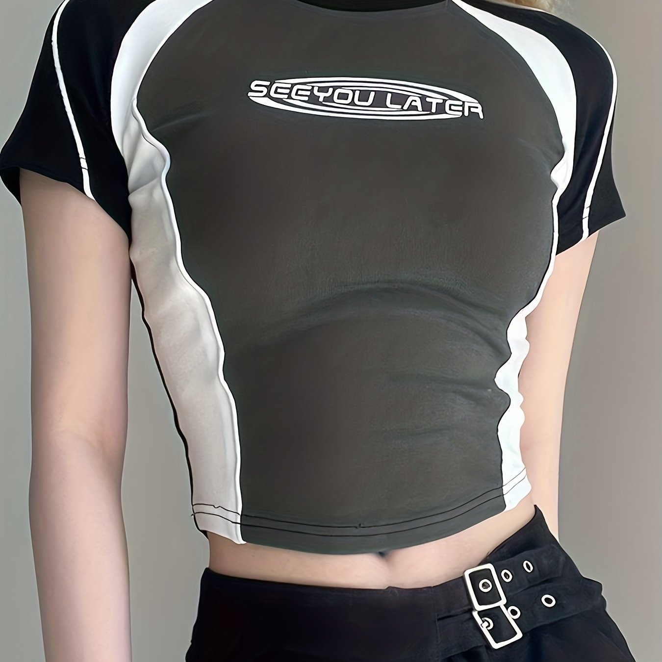 gbolsos  Color Contrast Stitching Letter Printing Sports T-shirts, Summer Fashion Y2k Crew Neck Short Sleeves, Women's Tops