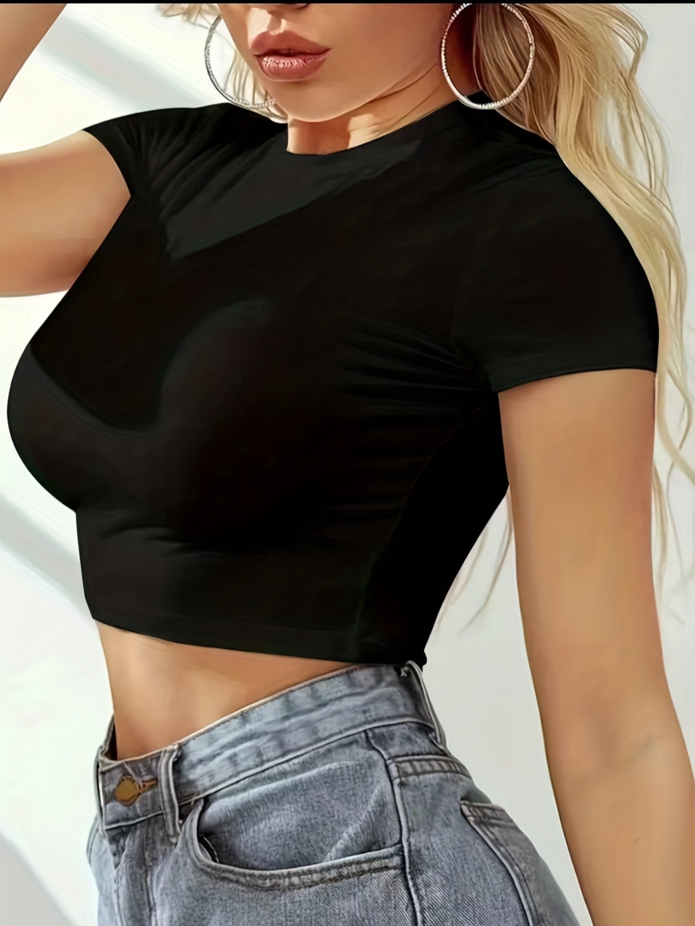 gbolsos  Crew Neck Crop T-shirt, Solid Short Sleeve Crop Top, Slim Casual Sports Shirts, Women's Clothing