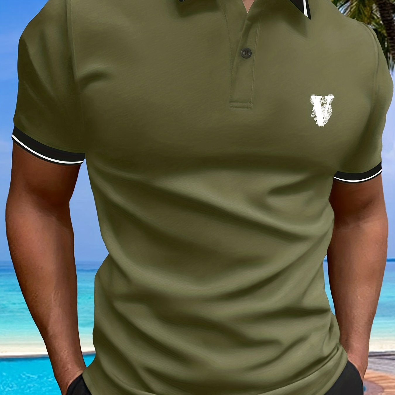 Casual Short Sleeves Button Up Graphic Polo Shirts, V-neck Tops Pullovers, Men's Clothing For Summer