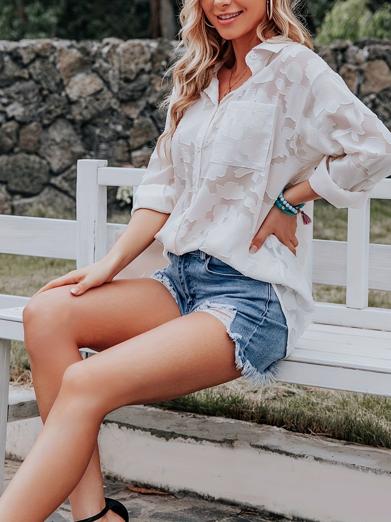 Chiffon Jacquard V-neck Lapel Blouses, Casual Loose Button Down Long Sleeve Fashion Shirts Tops, Women's Clothing