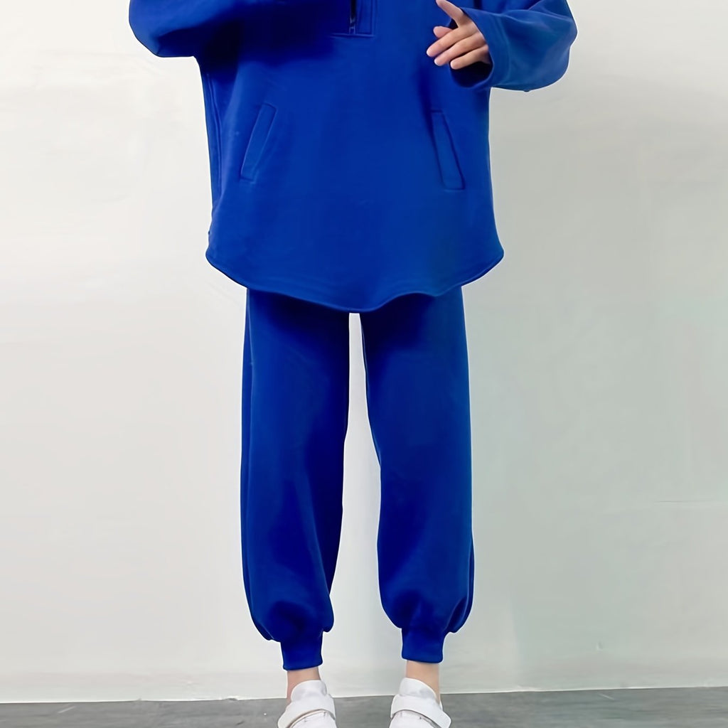gbolsos  2 Pieces Solid Sports Set, Half Zipper Pocket Loose Pullover Shirts & High Waist Jogger Pants, Women's Clothing